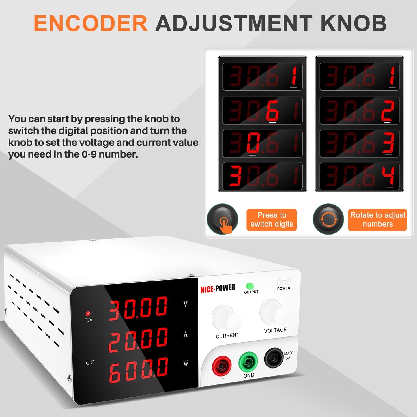 NICE-POWER DC Power Supply Variable, 0-30V 0-20A 600W High Power Bench Power Supply with Encoder Knob & Output Switch, Benchtop Adjustable Switching Regulated Power Supplies for Repair/Test(White)