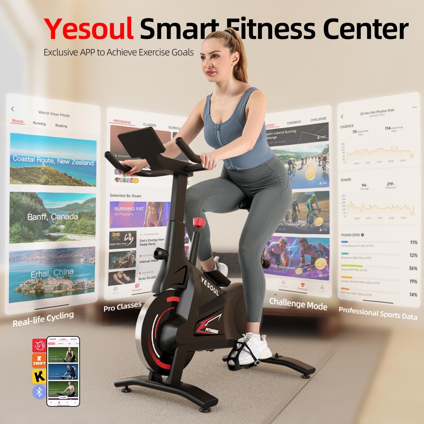 YESOUL Exercise Bike for Home – Silent Magnetic Resistance Stationary Bike with Stable Triangle Frame, 300 lbs Capacity, Dual-Stage Drive & Alloy Flywheel, Smart App with Scenic Routes & Live Classes