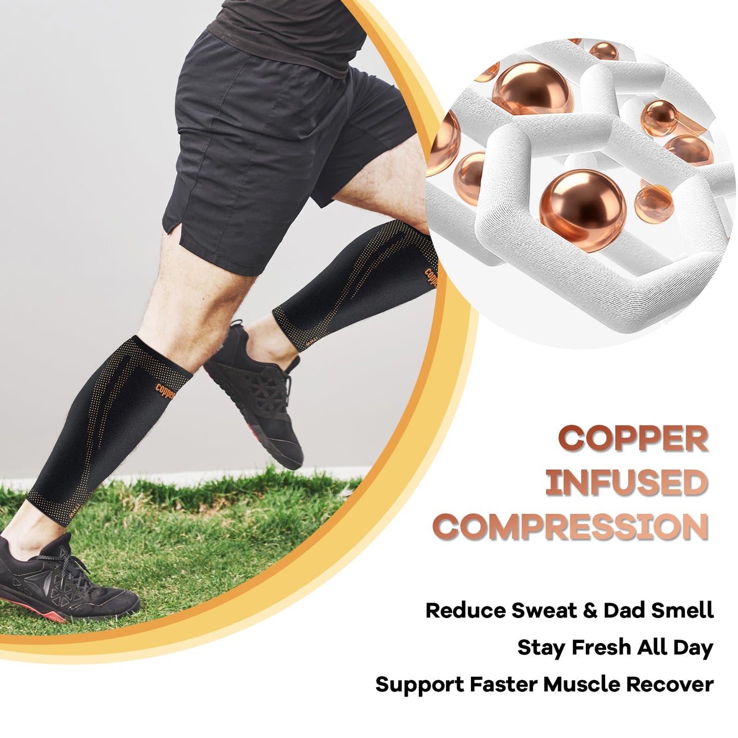 Copper Calf Compression Sleeves for Men & Women - Premium High Stretch Graduated Compression with Anti-Slip Grip | Breathable & Smooth Lining Footless Design for Runners, Shin Splints, Leg Fatigue & Travel (1 Pair)