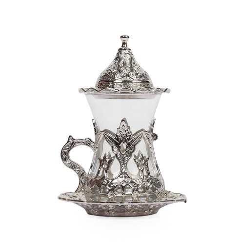 Alisveristime (SET OF 6 Handmade Turkish Tea Water Zamzam Serving Set Glasses Saucer (Silver)