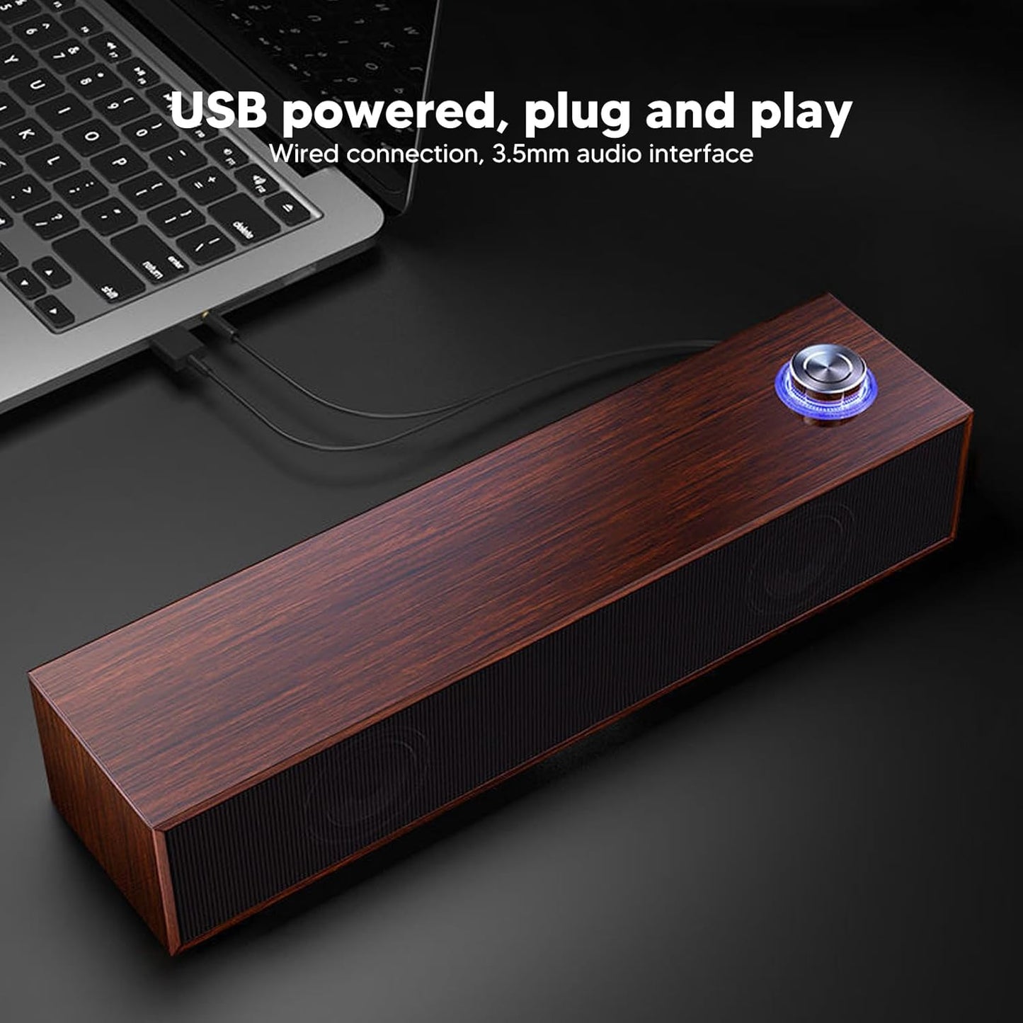 Diyeeni 3.5mm 1.2m Wooden Computer Speaker, USB Powered PC Speakers, HiFi Stereo Sound Computer Sound Bar for Desktop