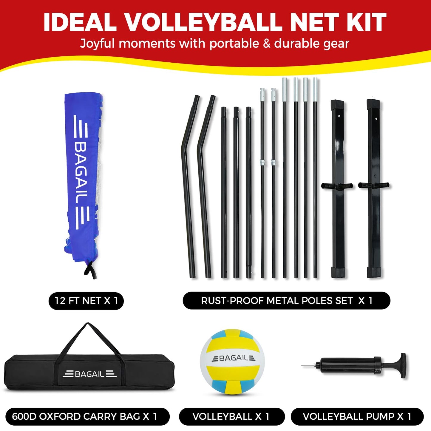 BAGAIL Volleyball Net, 12ft Portable Volleyball Net for Backyard - Adjustable Height, Heavy-Duty Frame, Freestanding Design - Portable Outdoor/Indoor Volleyball Set with Carry Bag - Blue