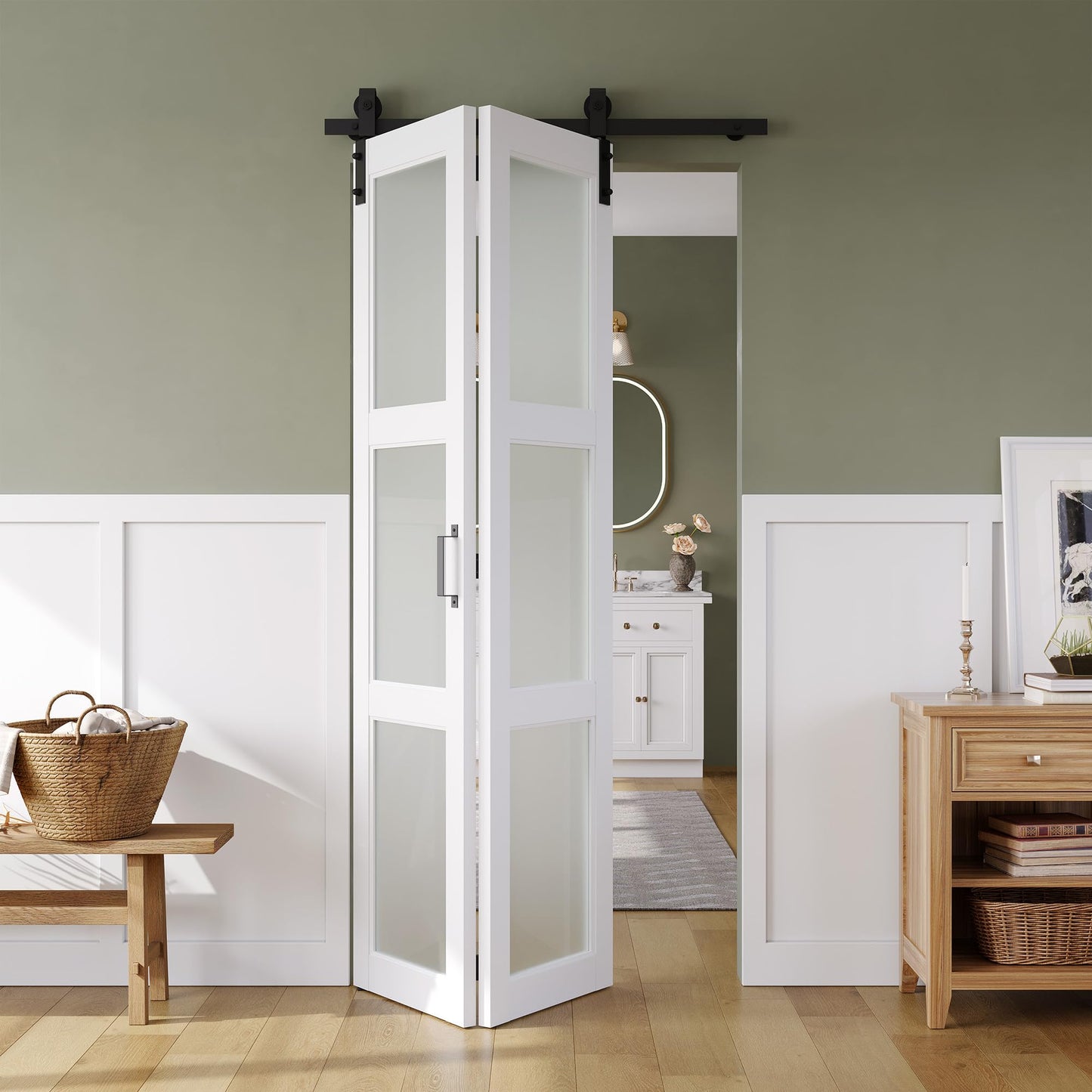 SMARTSTANDARD 36in x 84in Bifold Barn Door, Frosted Glass Barn Door with Hardware Kit Included, Pre-Drilled Holes Easy Assembly -Solid Barn Doors Slab Covered with Water-Proof PVC Surface, White