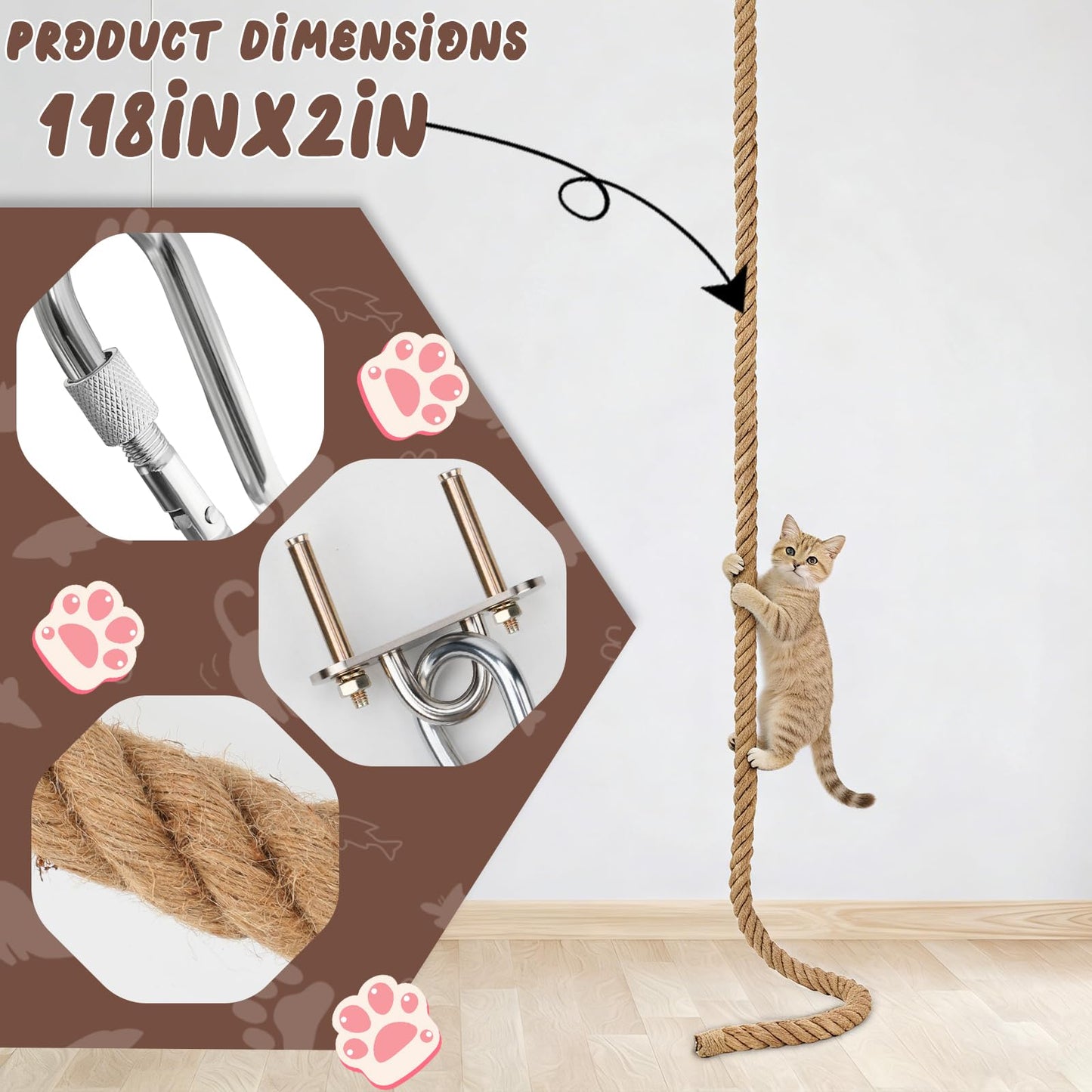 GINDOOR 2" x 9.8Ft Cat Climbing Rope with Hook, Natural Sisal Ropes for Ceiling and Wall Mounted, Durable Space Saving Cat Climbing Jute Rope Toy with Scratching Kitten Rope for Indoor and Outdoor