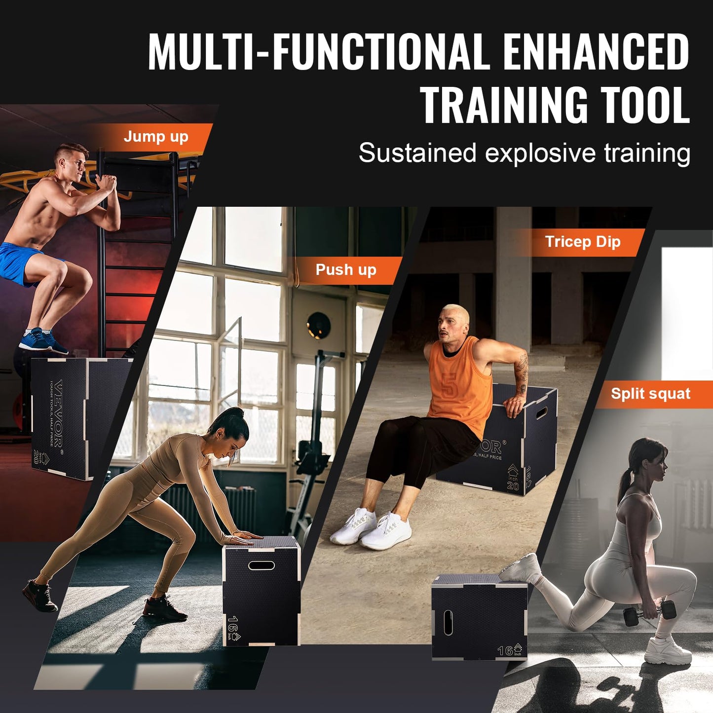 VEVOR 3 in 1 Plyometric Jump Box, Easy-to-Assemble Wood Plyo Box for Jumping Trainers, Home Gym Training and Conditioning, 24" x 20" x 16"