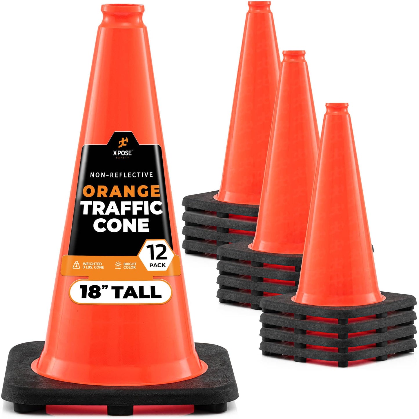 Xpose Safety 18 Inch Orange Traffic Cones, 12-Pack - Multipurpose PVC Plastic Safety Cone for Parking, Soccer, Caution, Kids and Construction - DOT Approved