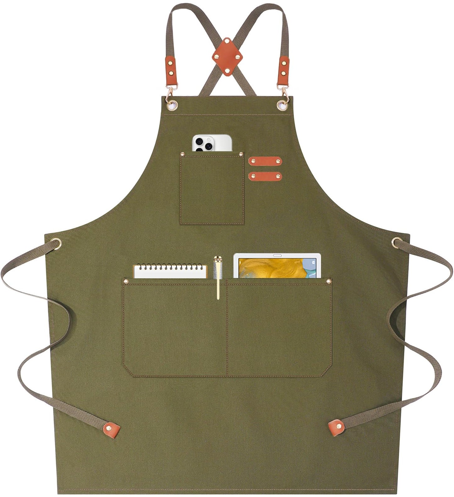 AFUN Chef Aprons for Women Men with Oversized Pockets, 12-Ounce Cotton Canvas Cross Back Water Repellent Apron (Grey Green)