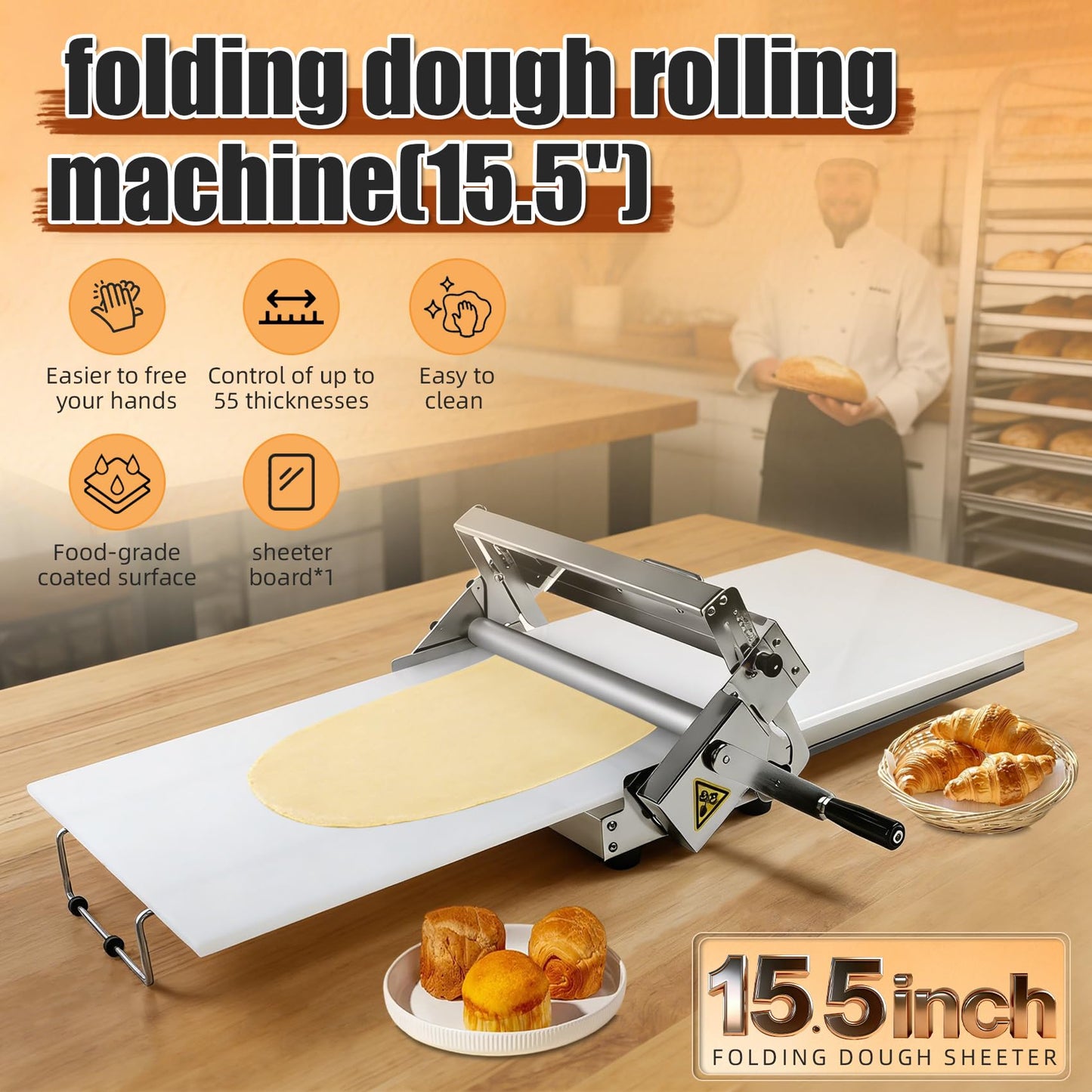 Folding Dough Sheeter (15.5")，Dough Sheeter，Manual Dough Sheeter，Commercial Dough Roller Sheeter，55 thickness options，Suitable for pizza, croissants, puff pastry, Stainless Steel（1 Rolling Boards）