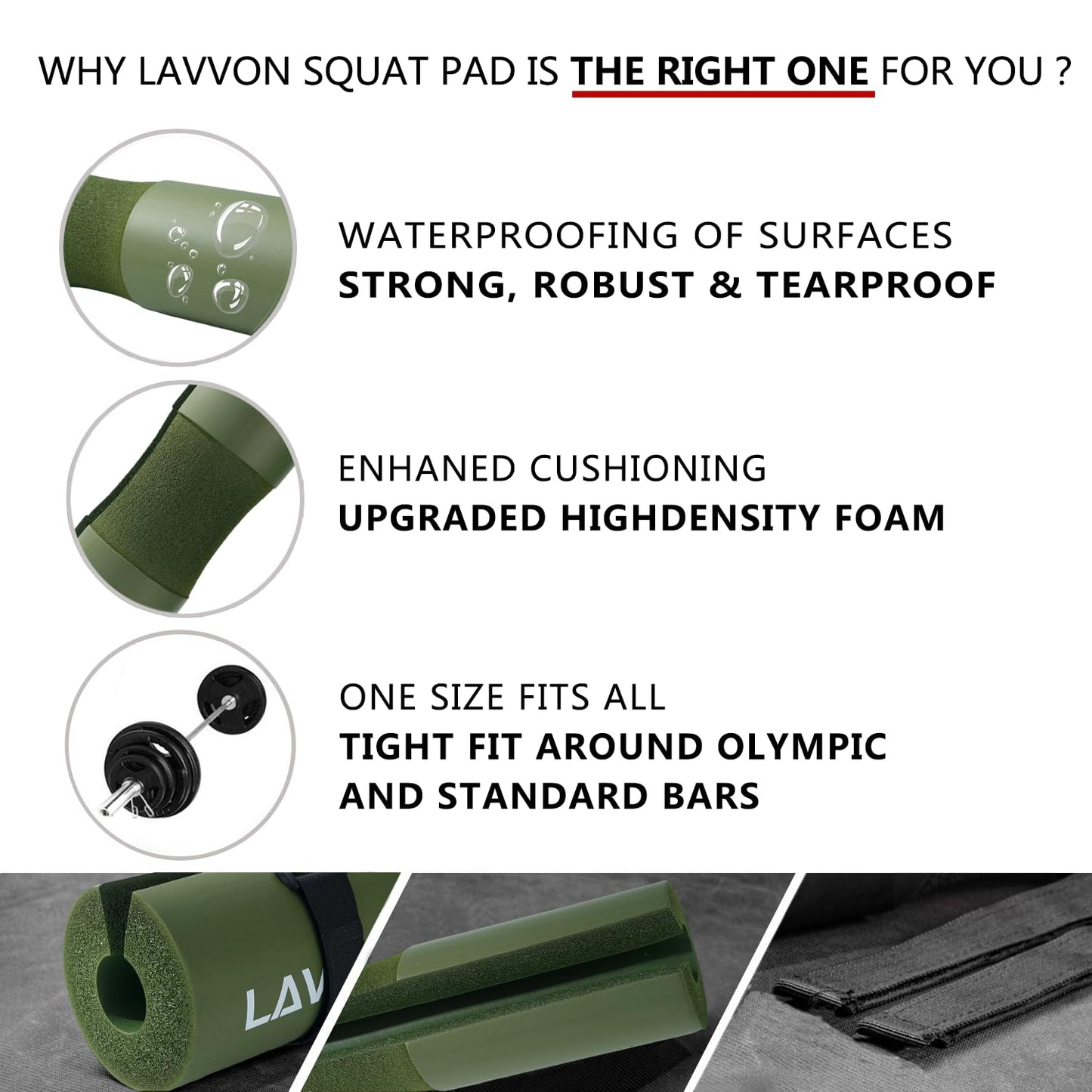 Squat Pad - Foam Barbell Pad for Squats Cushion, Lunges & Bar Padding for Hip Thrusts - Standard Weight Bar Pad - Provides Cushion to Neck and Shoulders While Training (ArmyGreen)