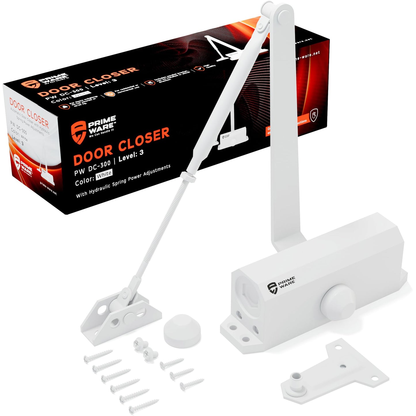 PrimeWare DC-300 Automatic Adjustable Door Closers for Home | Soft Close, No Slam | Residential and Commercial Door Closer | Level 3 | for Doors Weighing 90-140 lbs | Hydraulic Door Spring - White