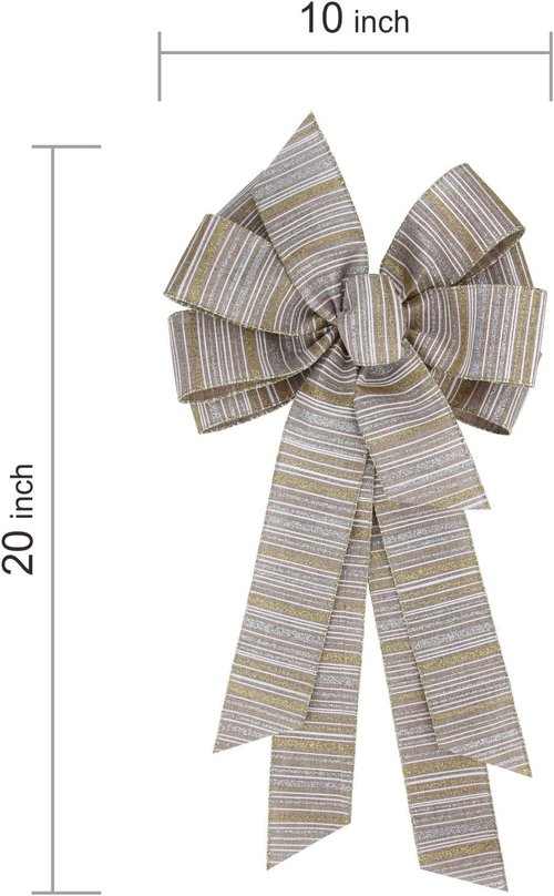 Meseey Burlap Ribbon Bow - Large 11 x 20 Inch Gold & Silver Glitter Stripe for Christmas Gifts & Party Decor