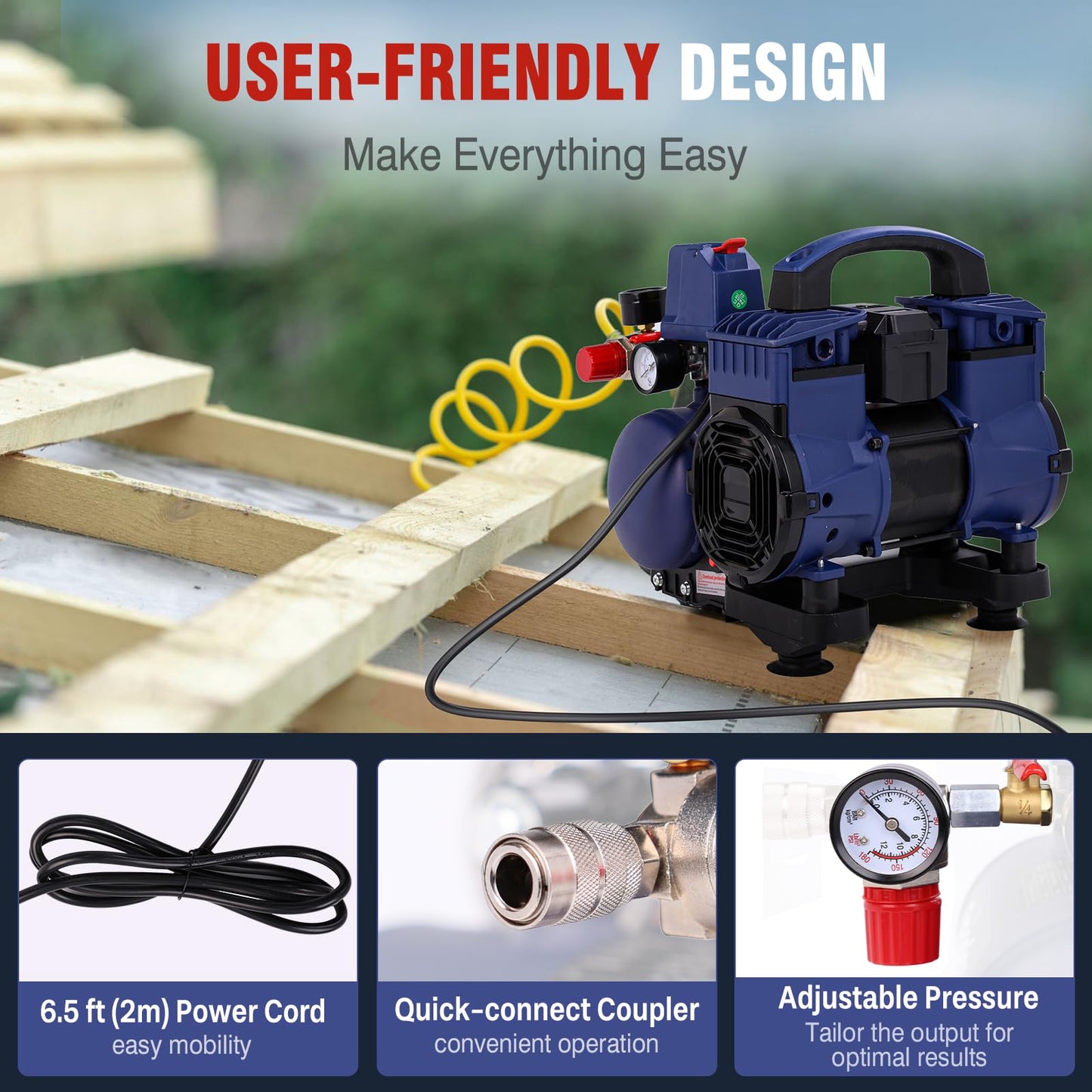 Air Compressor, 1 Gallon Ultra Quiet Portable 60 dB, 13-Second Quick Fill, 1 Gallon Compact, Oil-Free for Tire Inflation/Nail Gun/Pneumatic Tools/Cleaning in Home or Shop Projects, 1.5HP, Violet