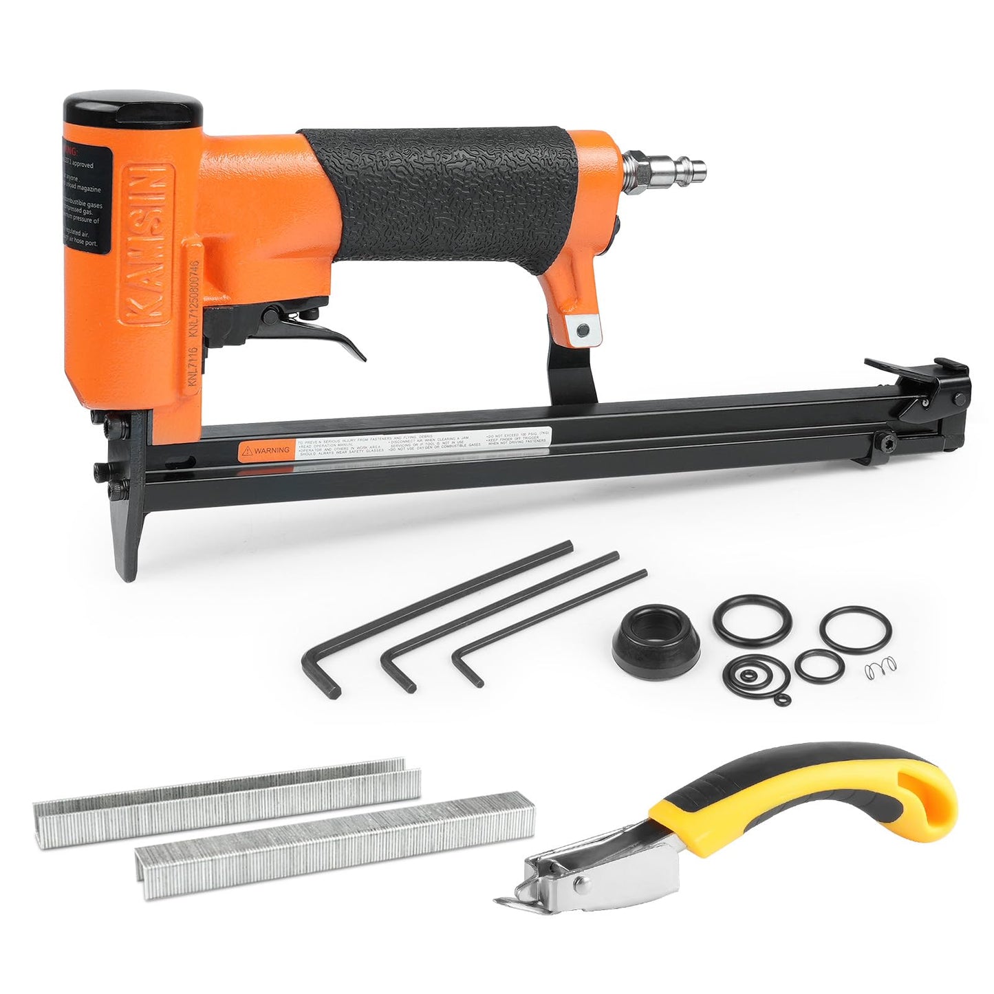 KNL7116 22 Gauge Extended Long Magazine Pneumatic Upholstery Stapler, 3/8-Inch Crown, 1/4-Inch to 5/8-Inch Leg Length, High Capacity Fine Wire Stapler Gun for Furniture and Fabric Attachment
