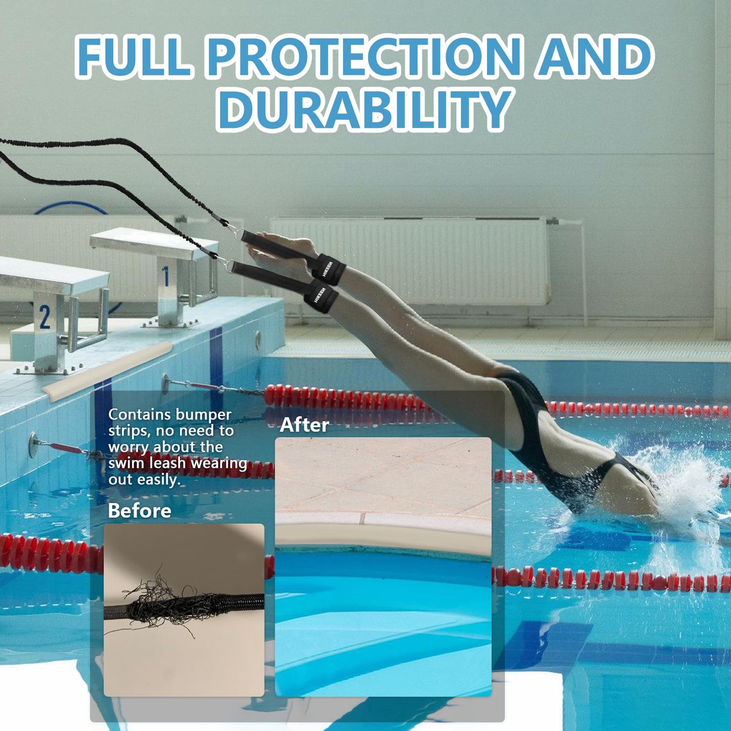 Hikeen Swim Ankle Straps 4M Swimming Tether with Metal Buckle & Bumper Strips Stationary in Place Training Leash Aquatic Resistance