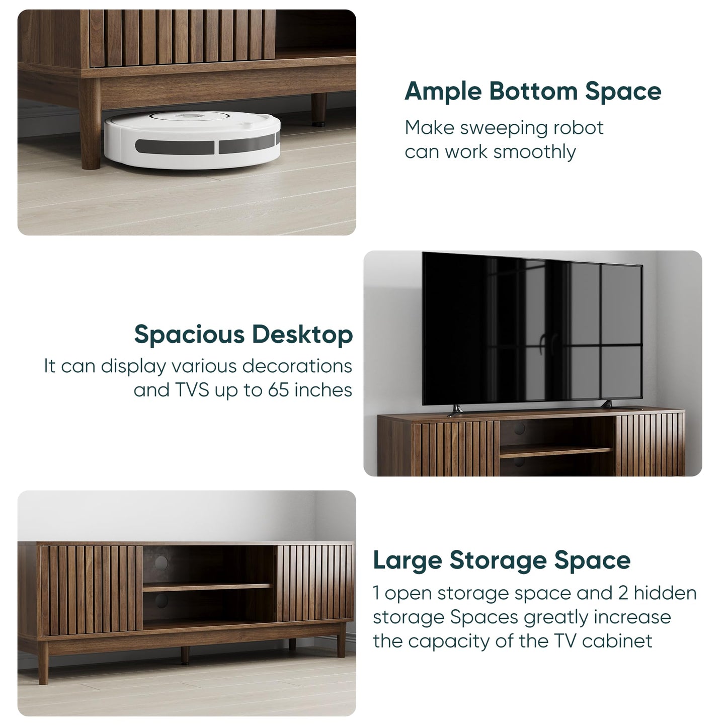 KEIKI 55" Mid-Century Modern TV Stand for 55–65 Inch TVs, Wood Entertainment Center with Slatted Doors, Storage Console with Cable Management for Living Room, Bedroom (Oak)