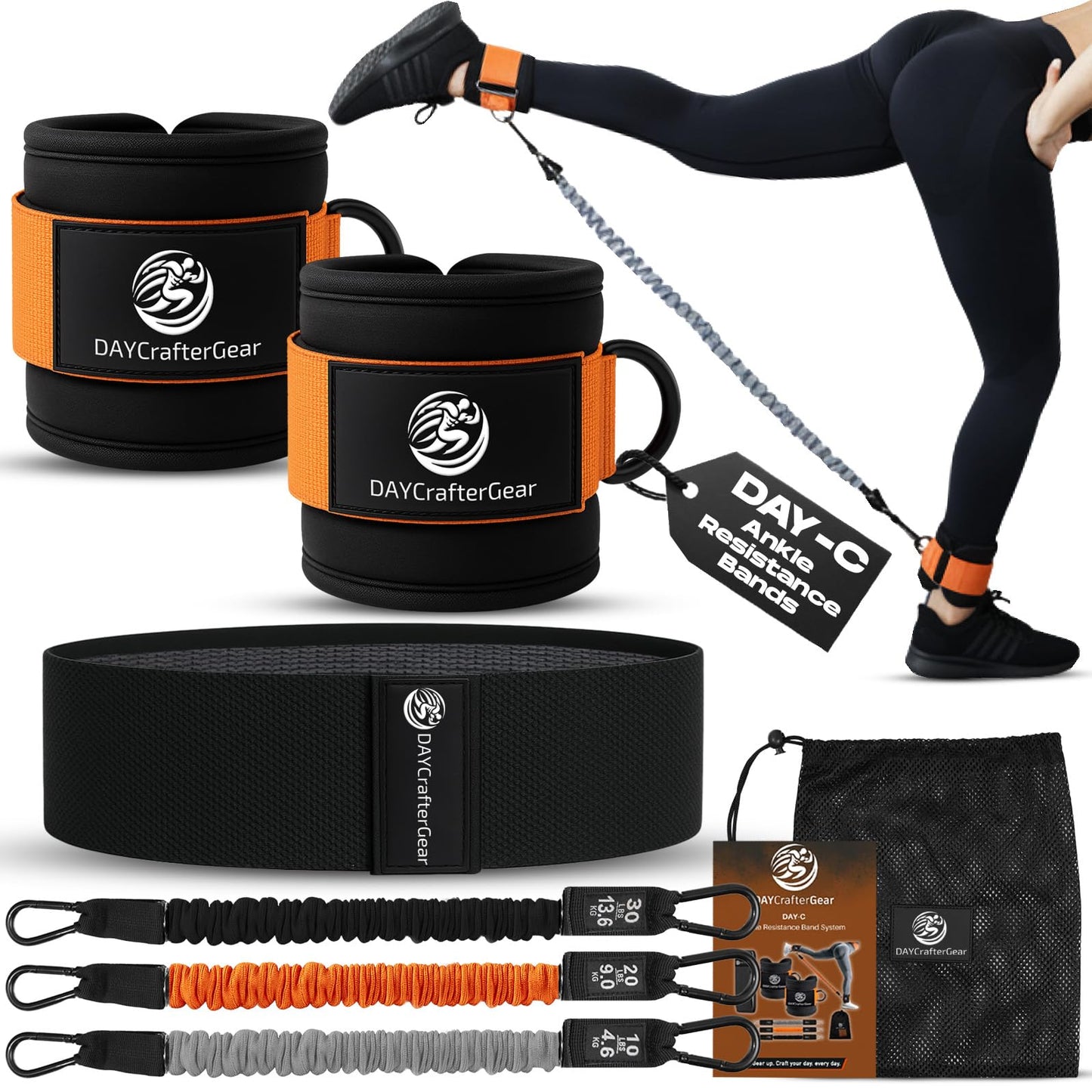 Ankle Resistance Bands with Cuffs & Bonus Fabric Resistance Bands for Working Out – Home Workout Set for Legs, Glutes, Yoga, Pilates, Strength Training Women & Men – Includes Bag & Guide