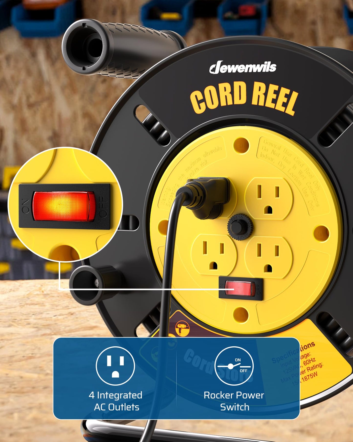 DEWENWILS Extension Cord Storage Reel with 4-Grounded Outlets, Heavy Duty Open Cord Reel for 12/3,14/3,16/3 Gauge Power Cord, Hand Wind Retractable, 15A Circuit Breaker, Rocker Power Switch