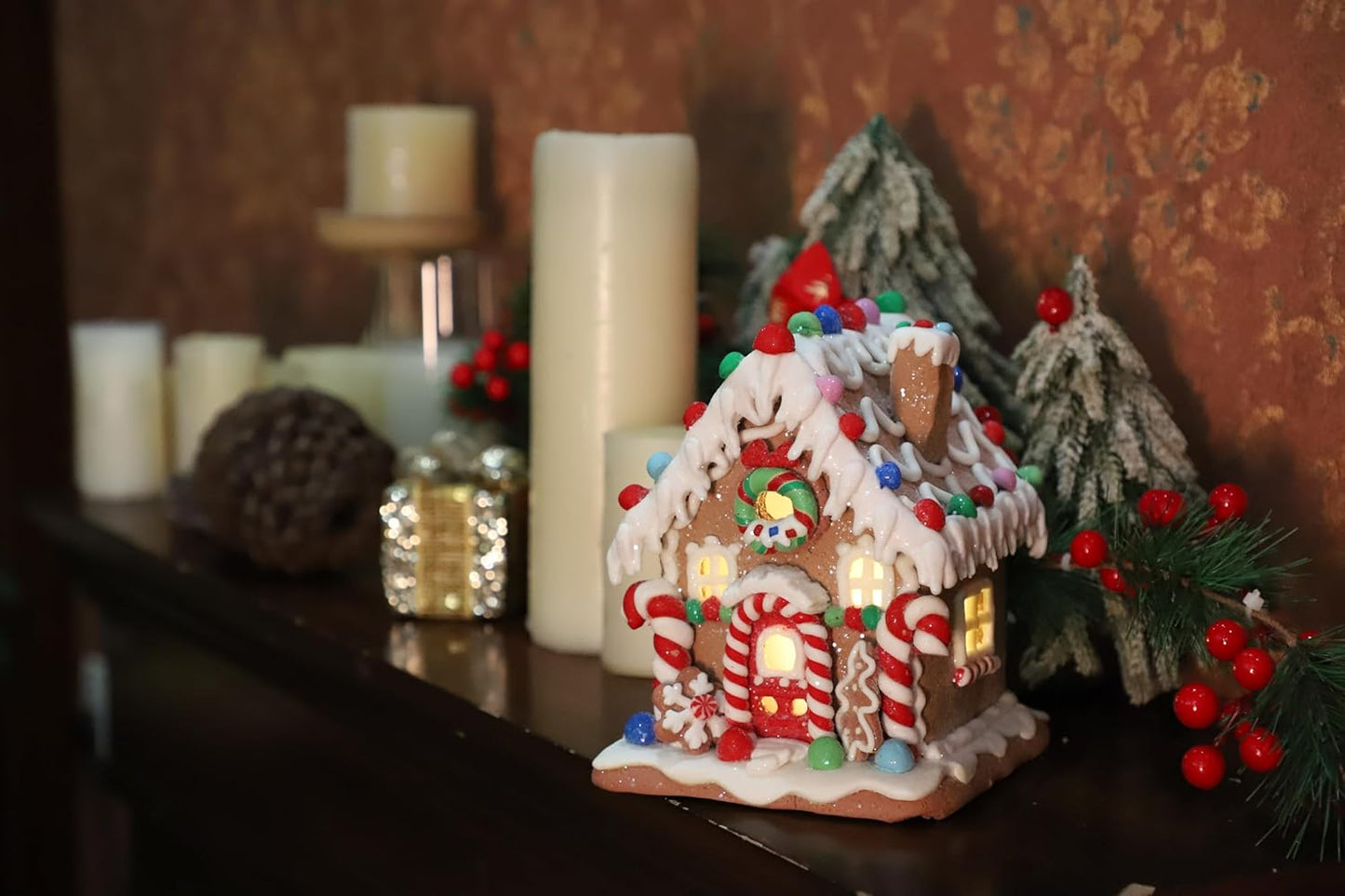 Skiennix Gingerbread House Decoration - Battery-Operated Light-Up Christmas Village Figurine | Handmade (Style 2)