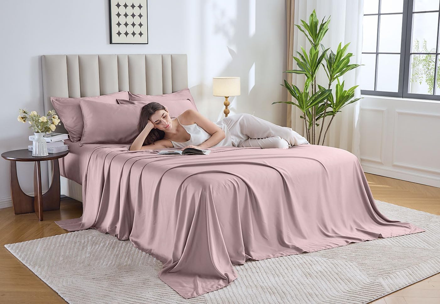 Pure Bamboo Queen Sheets - Luxuriously Soft 100% Organic Viscose Bed Sheet Set | Cooling & Durable (Dusty Pink)