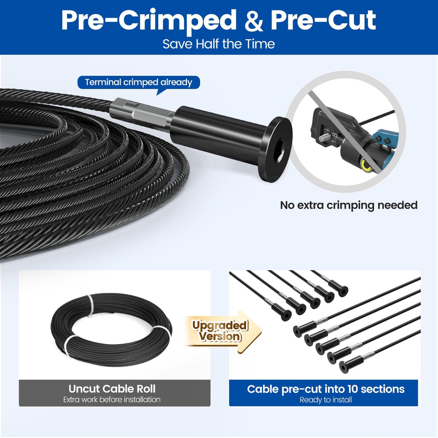 Muzata 2-4ft Black Complete Cable Railing Kit for Stairs Pre-Crimped 36 Inch Cable Railing System with Post Handrail Length Adjustable Easy DIY with User Guide Complete Set RC09