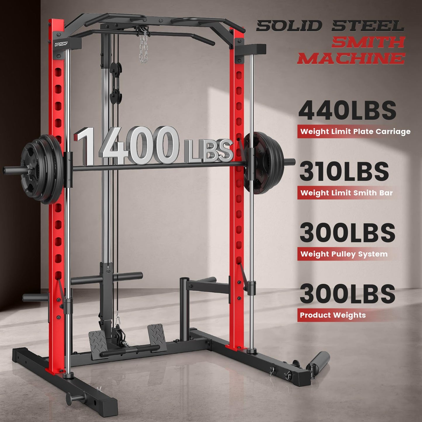 OPPSDECOR All-in-One Smith Machine for Home Gym, 1400LBS Multi-Functional Power Cage Squat Rack with LAT Pulldown System, Cable Machine & Barbell Bar - Strength Training Equipment with Attachments