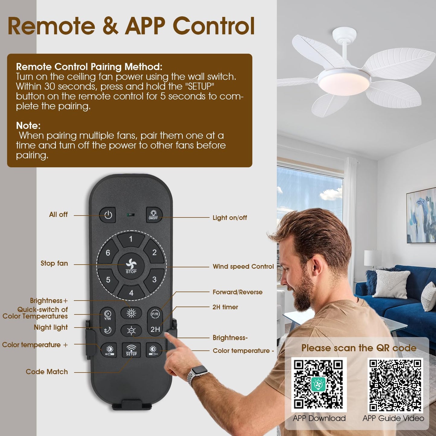 Wiviniya 48 Inch Tropical Ceiling Fans with Lights, Palm Leaf Outdoor Ceiling Fan with Light for Patios Porch Bedroom Living Room, Remote/APP Control, Reversible Quiet DC Motor, Dimmable LED, White