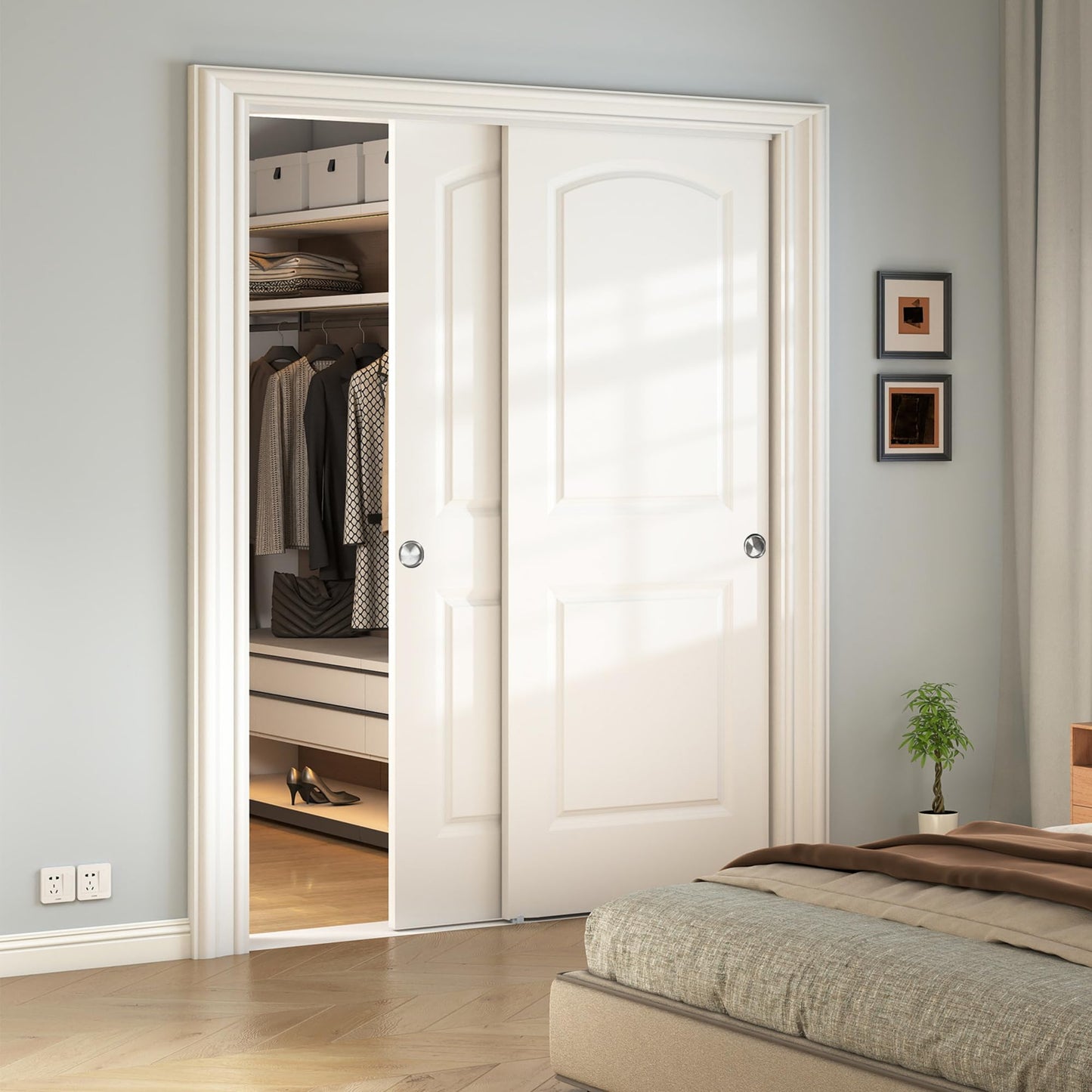 JUBEST 60x80 in Sliding Closet Door, Raised 2-Panel Arch Top White Primed Hollow Core Door Slab with Hardware Kits & Matching Fascia, Pre-drilled & Paintable, Space-Saving for Bedroom Laundry