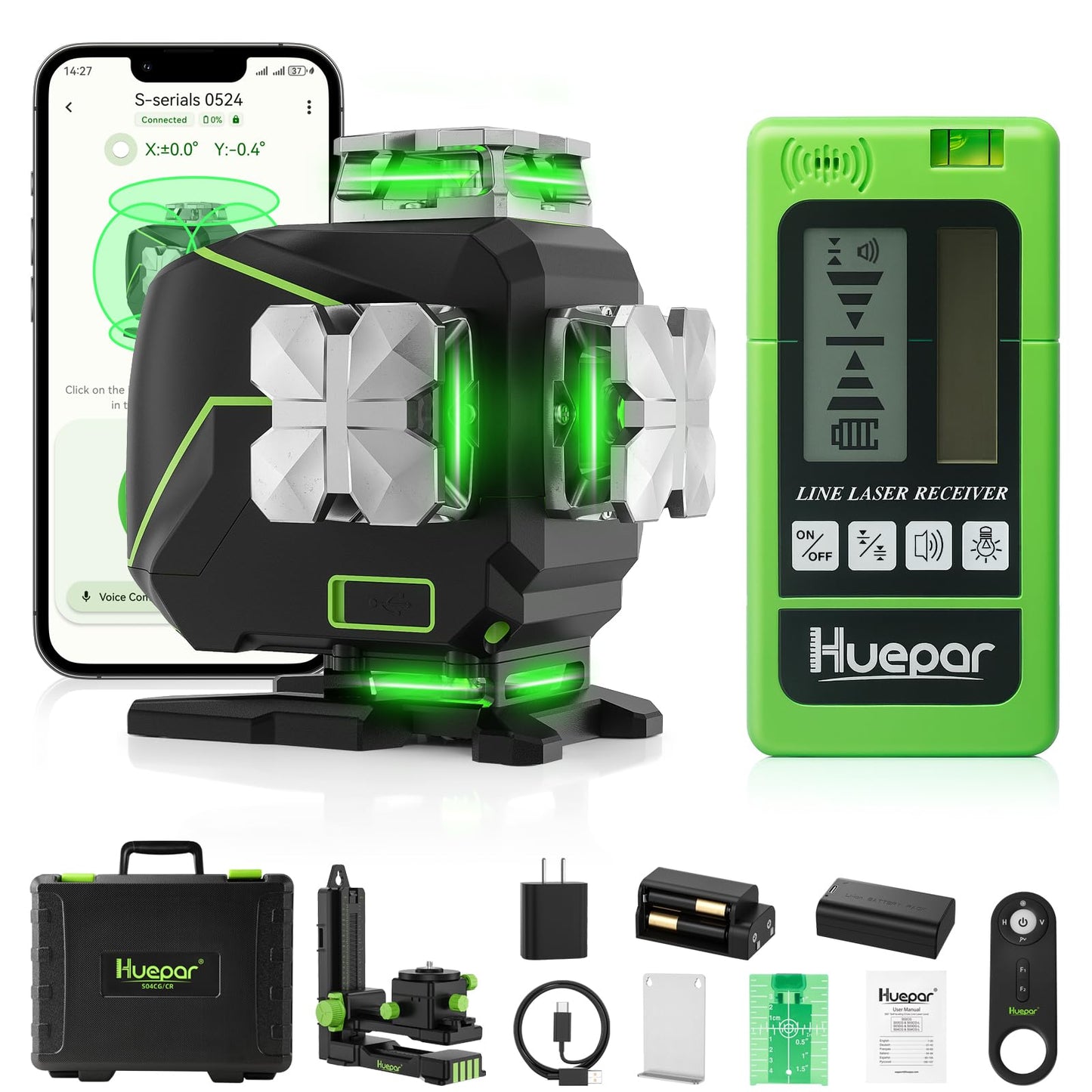 Huepar Laser Level 360 Self Leveling, 4x360° Green 4D Cross Line Laser with Receiver&LCD Screen, Bluetooth Outdoor Pulse Mode 16 Lines Laser Tool Kit for Construction, Remote Control Included -S04-5RG