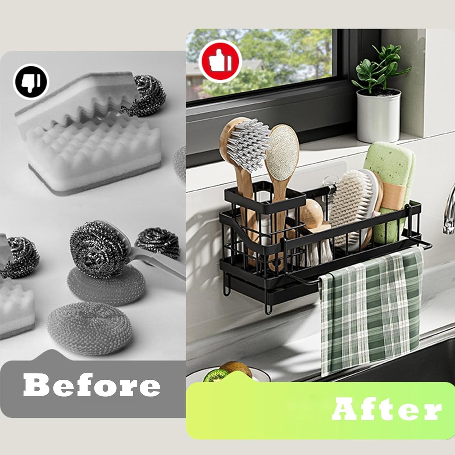 Skiennix Sink Caddy Organizer - Wall-Mounted Sponge Holder & Brush Storage - Rustproof 304 Stainless Steel