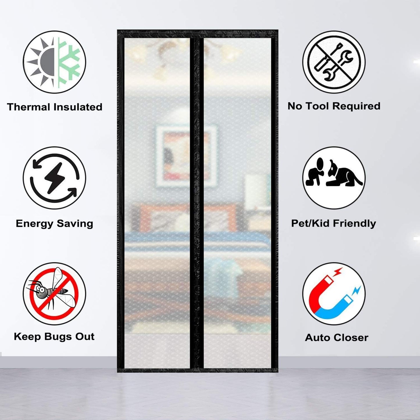 Insulated Curtain, Thermal Magnetic Self-Sealing EVA Screen, Keep Cold Out Door Cover Auto Closer for Kitchen, Bedroom, Air Conditioner Room, Fits Doors up to 34" x 80"