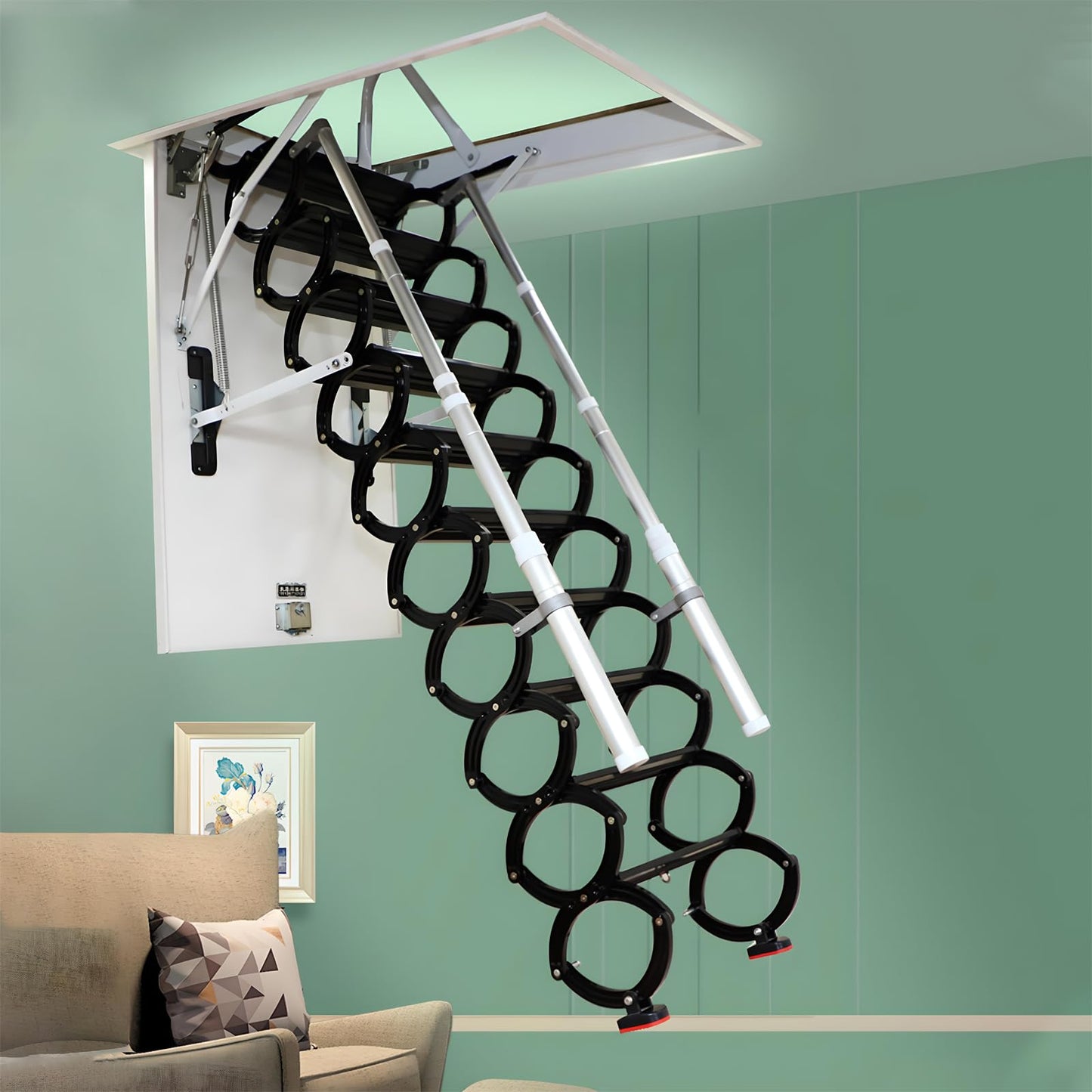 12 Steps Ceiling Mounted Attic Ladder, Retractable Pull Down System Attic Stairs, Telescopic Loft Stairs with Pull Rod, Ceiling Folding Loft Ladder with Handrail for Basement (Black, Steps 12)