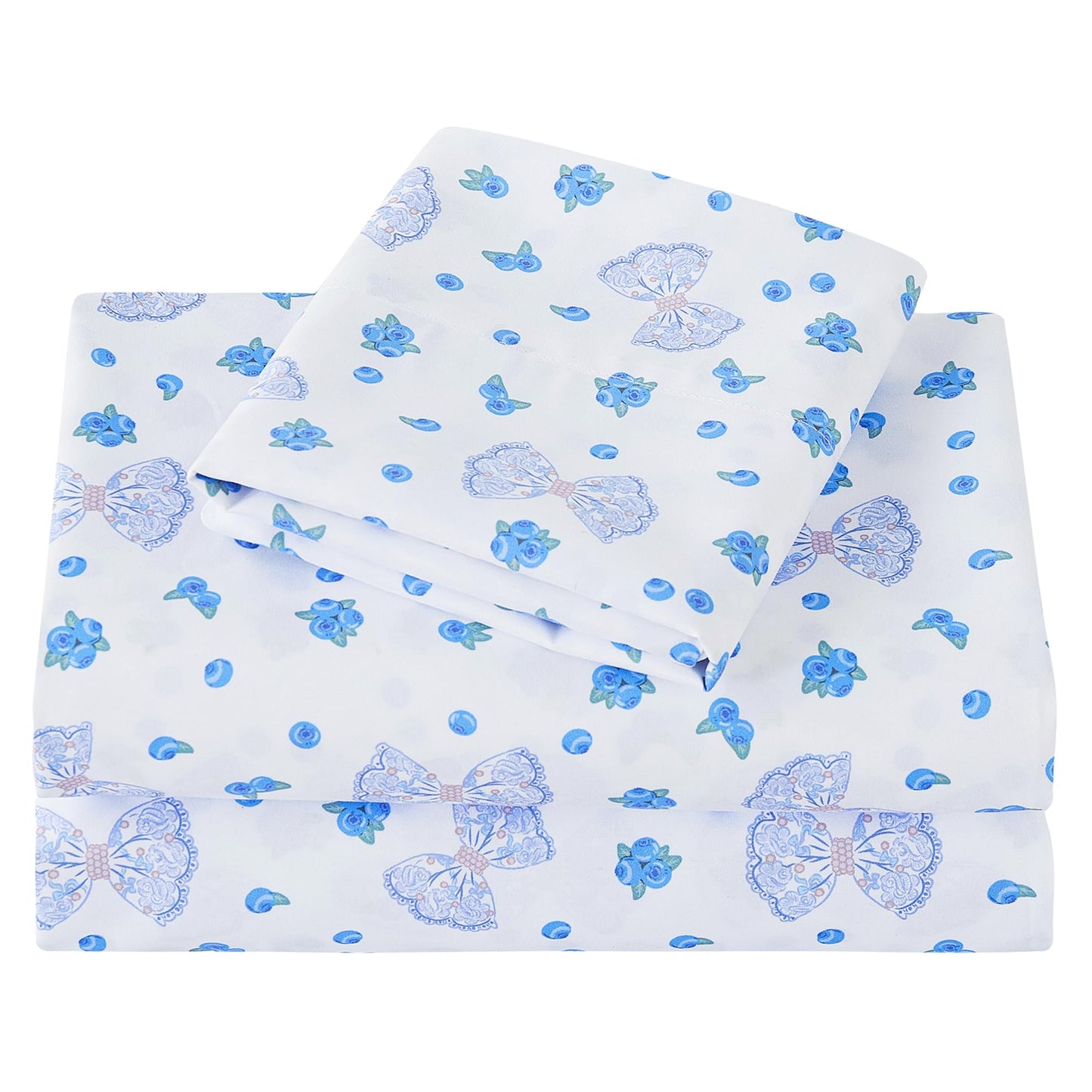Viviland 3 Pieces Girls Blueberry Twin Sheet Set - Soft Microfiber Fitted Flat Sheets & Pillowcase - Blue Bow Blueberry Bedding Sets - for Kids & Toddlers