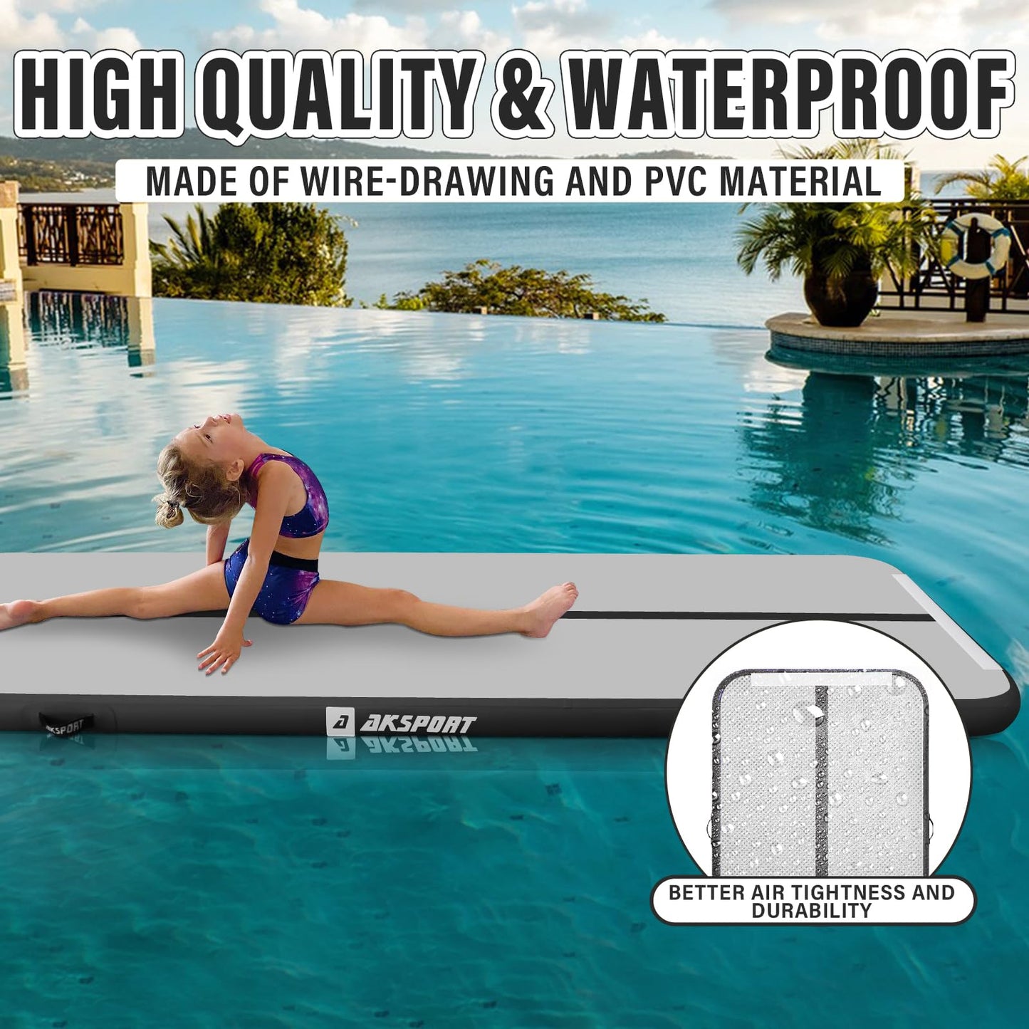 AKSPORT Inflatable Gymnatsics Mat Tumble Track 10ft 13ft 16ft 20ft 23ft Air Tumbling Mat with Air Pump for Home Use/Training/Cheerleading/Yoga