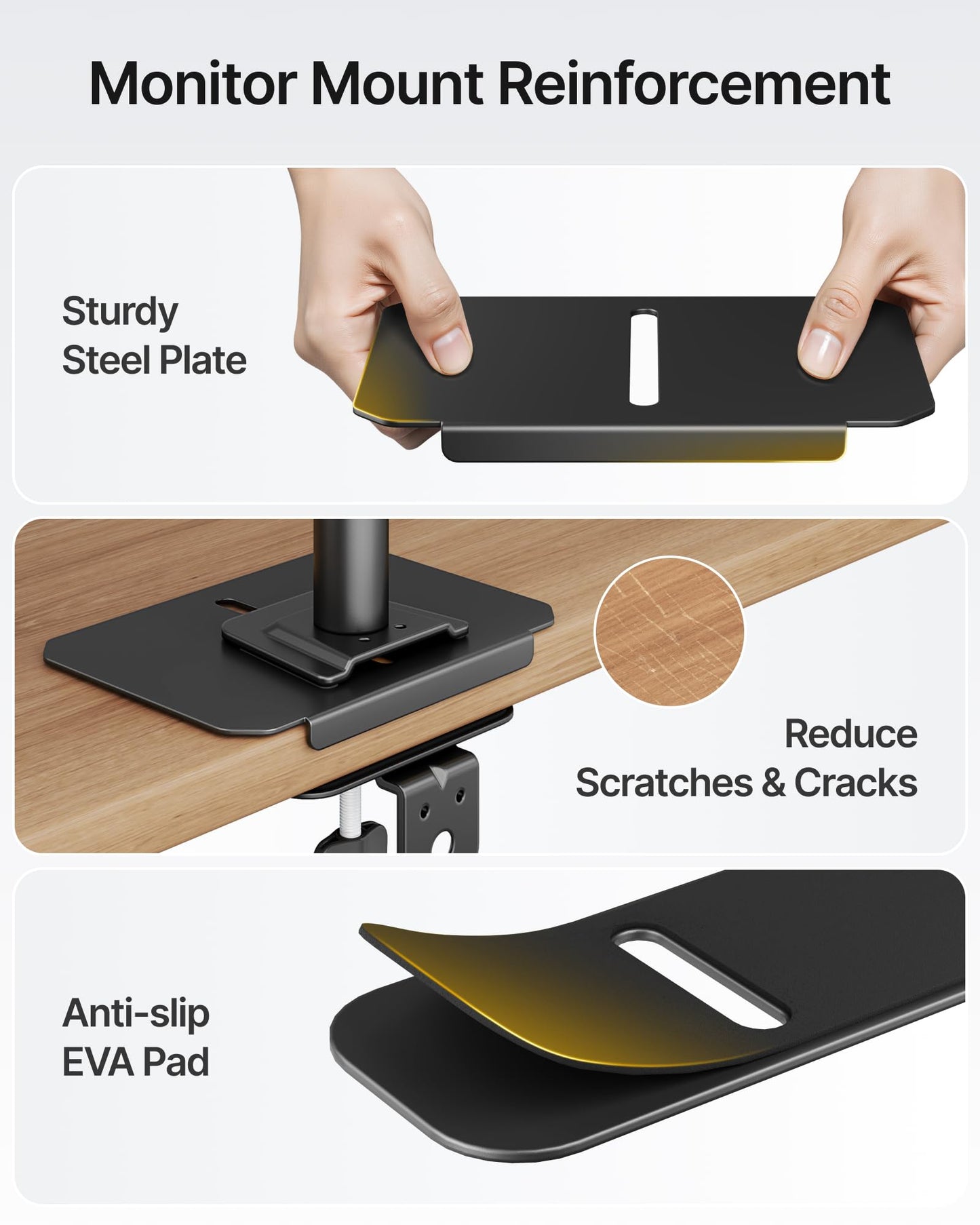 monTEK Adjustable Steel Monitor Mount Reinforcement Plate, Desk Stabilizer Plate for Thin, Glass or Fragile Desks,Universal Protective Support for C-Clamp & Grommet Monitor Arms, No Scratch Bracket