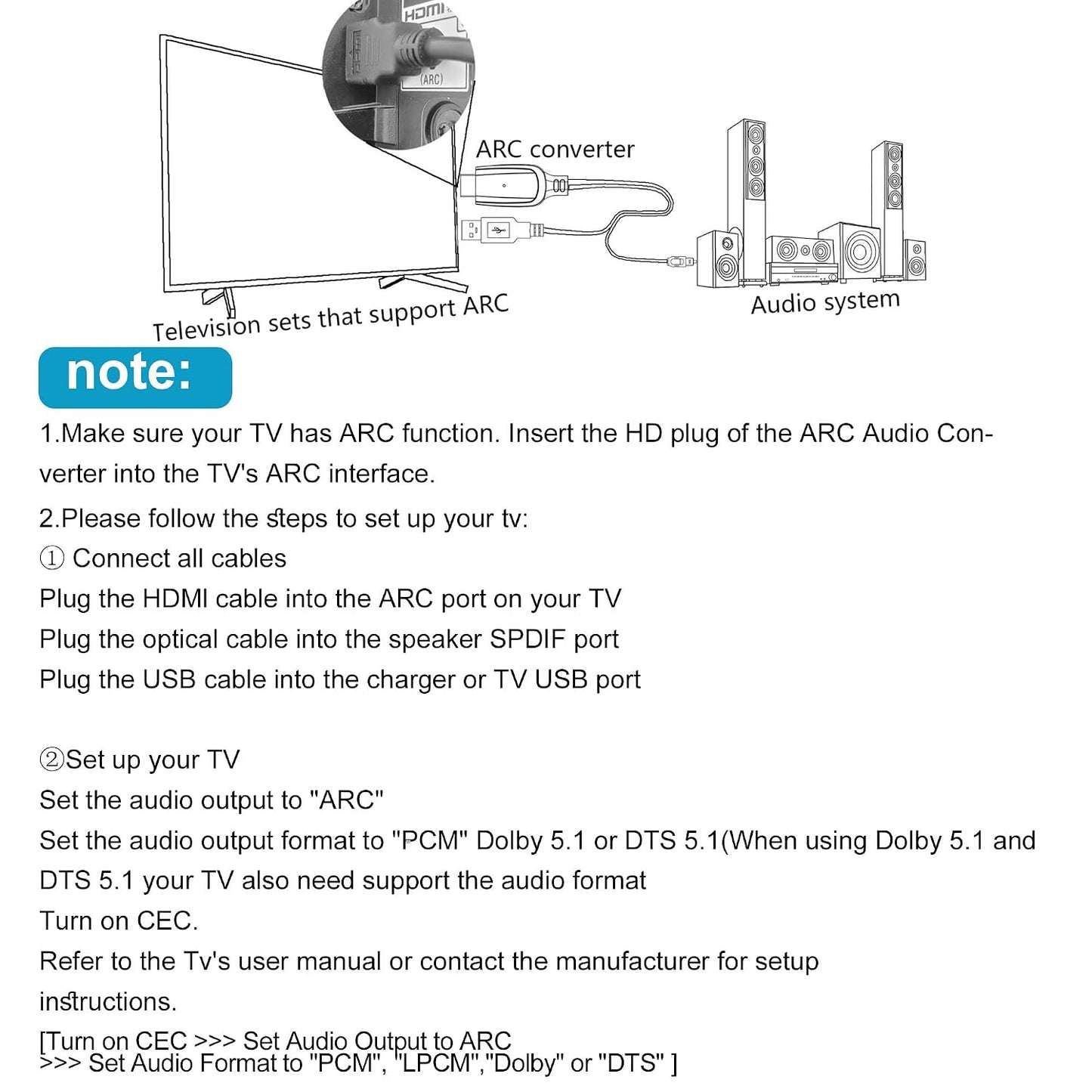 192KHz 3.4ft/1.05m Dolby/DTS 5.1 HDMI ARC to Optical Audio Converter for TV to Soundbar, Plug & Play ARC to Optical