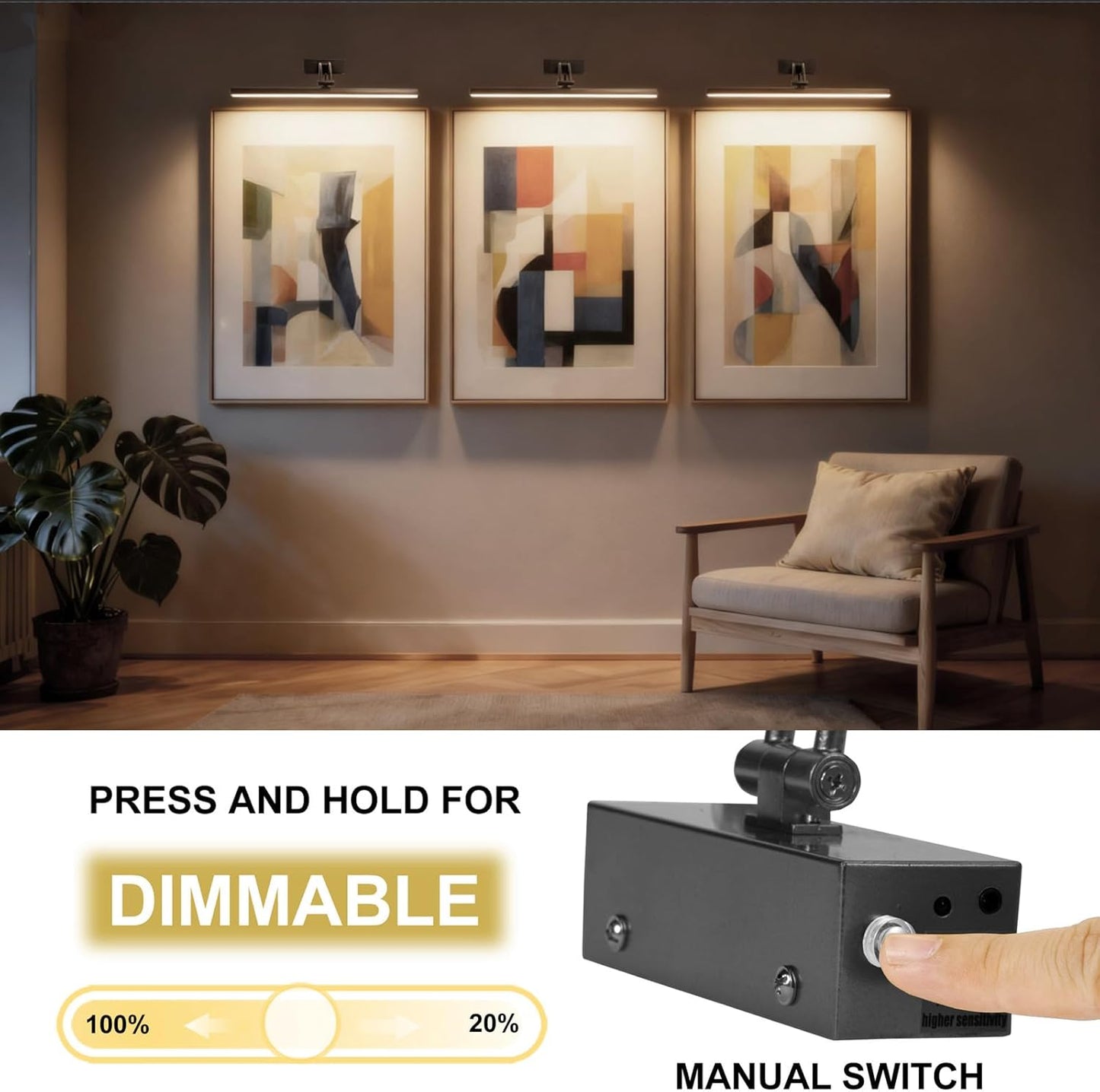 Yuichoy Picture Lights - 12 Inch Wireless Art Lighting with Remote | Dimmable Battery Operated, Black