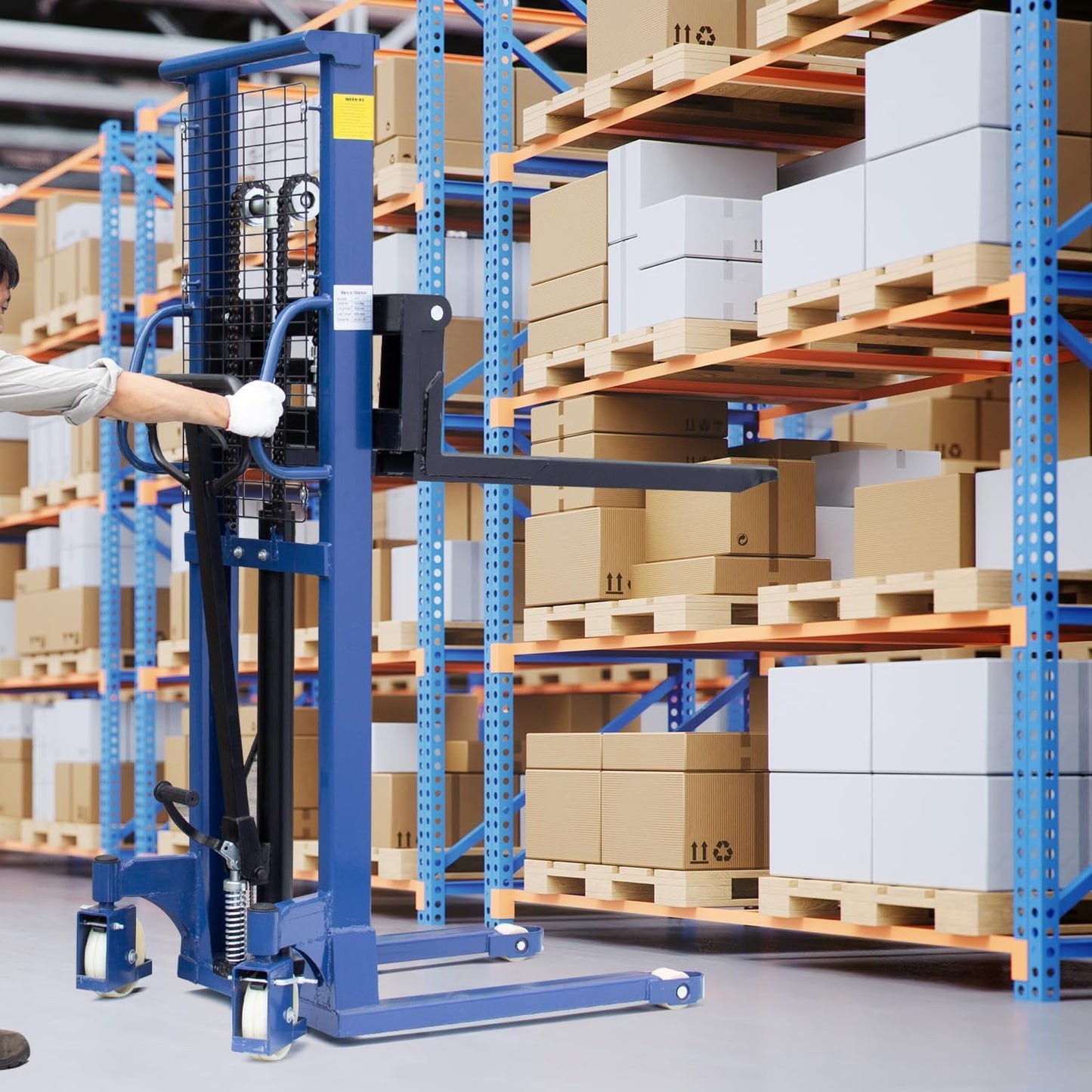 Fworkleft Manual Pallet Stacker 2200 LBS Capacity, 63" Lift Height Hand Pallet Forklift with Adjustable Forks & Fixed Legs, Heavy Duty Warehouse Material Lift for Open Deck Pallets