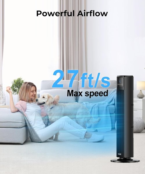 Abolee Tower Fan - Quiet 90° Oscillating Floor Fan with Remote | 4 Speeds, 12H Timer, Black