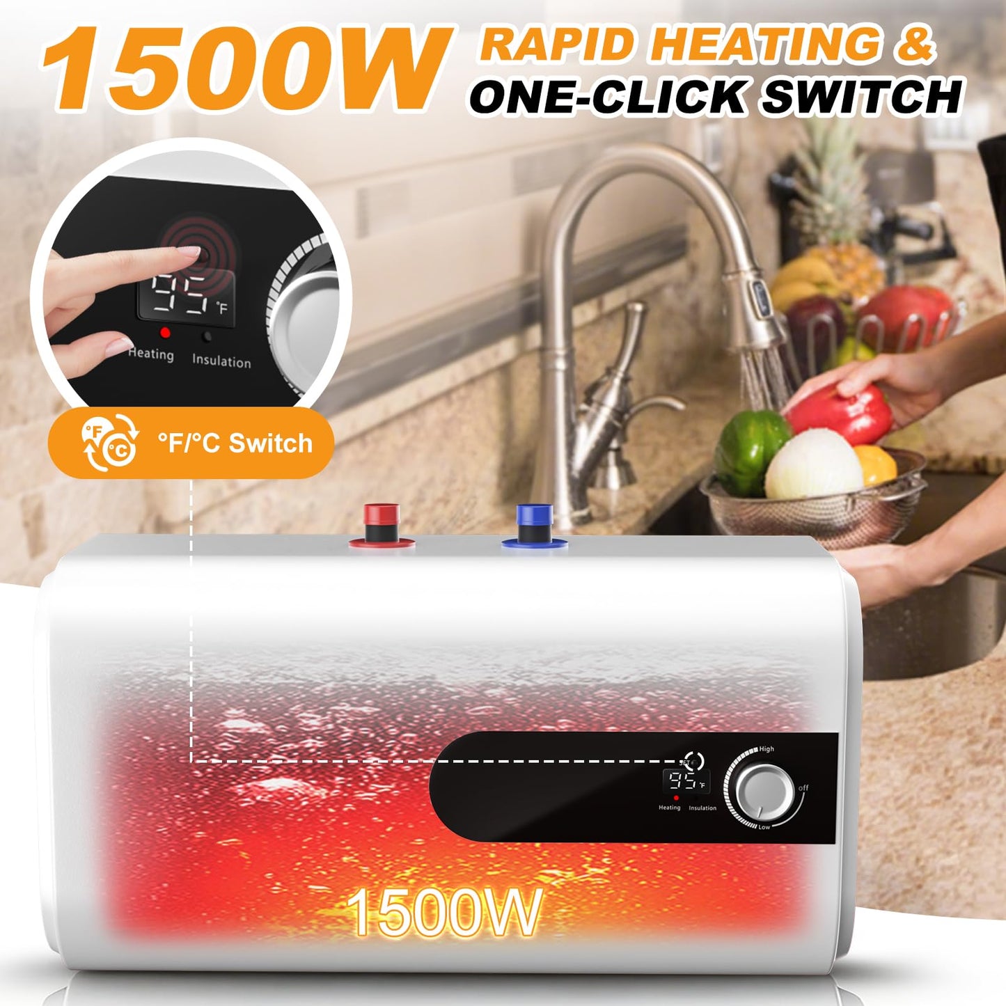 4Gallon Mini Tank Water Heater Electric, 1500W Under Sink Hot Water fot Point of Use, 110V Instant Hot Water Heater for Kitchen, Office