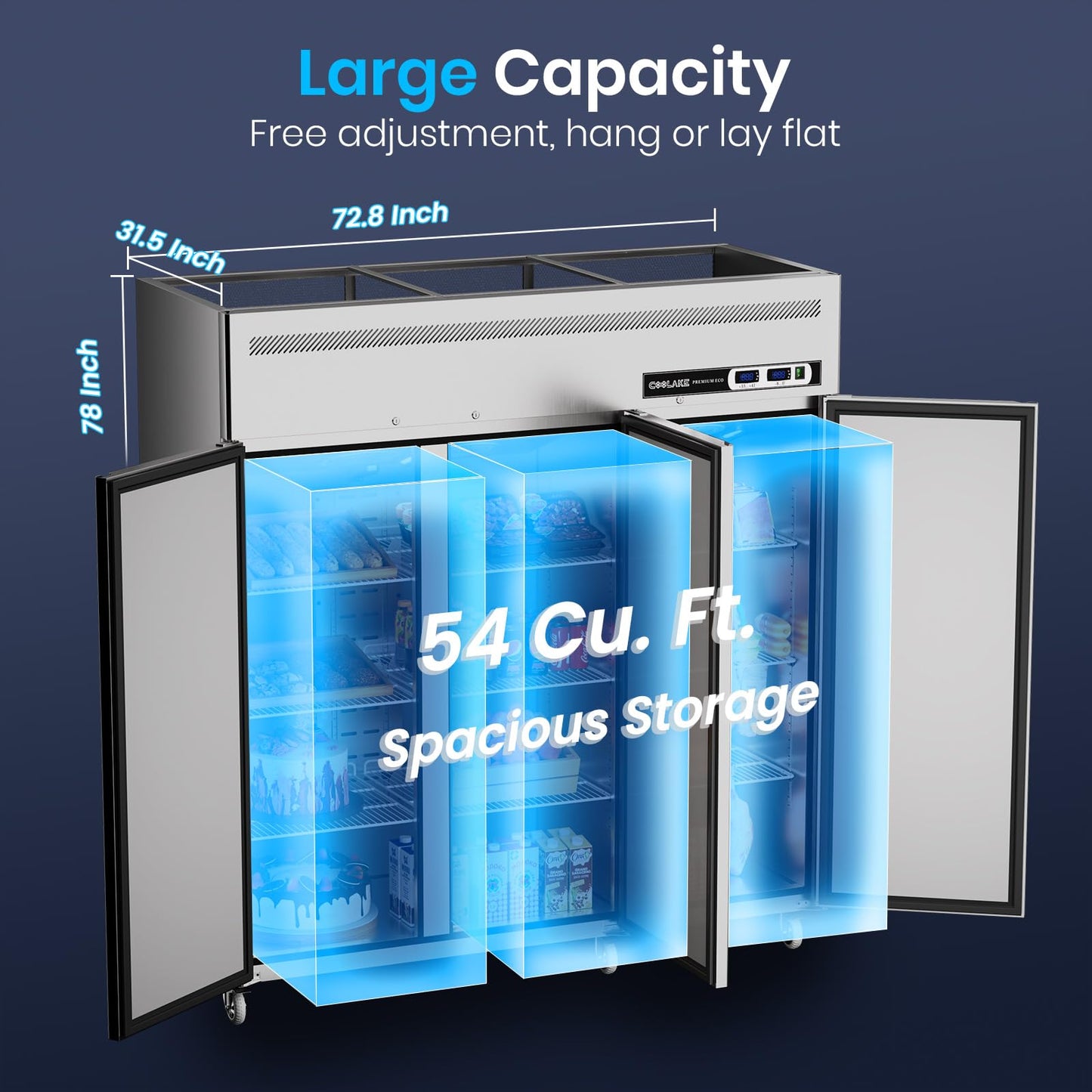 Coolake Commercial Freezer Refrigerator Combo, 72” W 54 Cu.ft Upright Freezer, 3 Door Stainless Steel, Air-Cooled System Reach in Freezer for Restaurant, Bar, Kitchen, Garage, School, Church