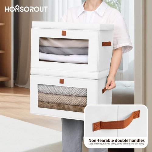 Homsorout Large Storage Bins - Collapsible Fabric Organizers with Handles & Windows | 2-Pack, White