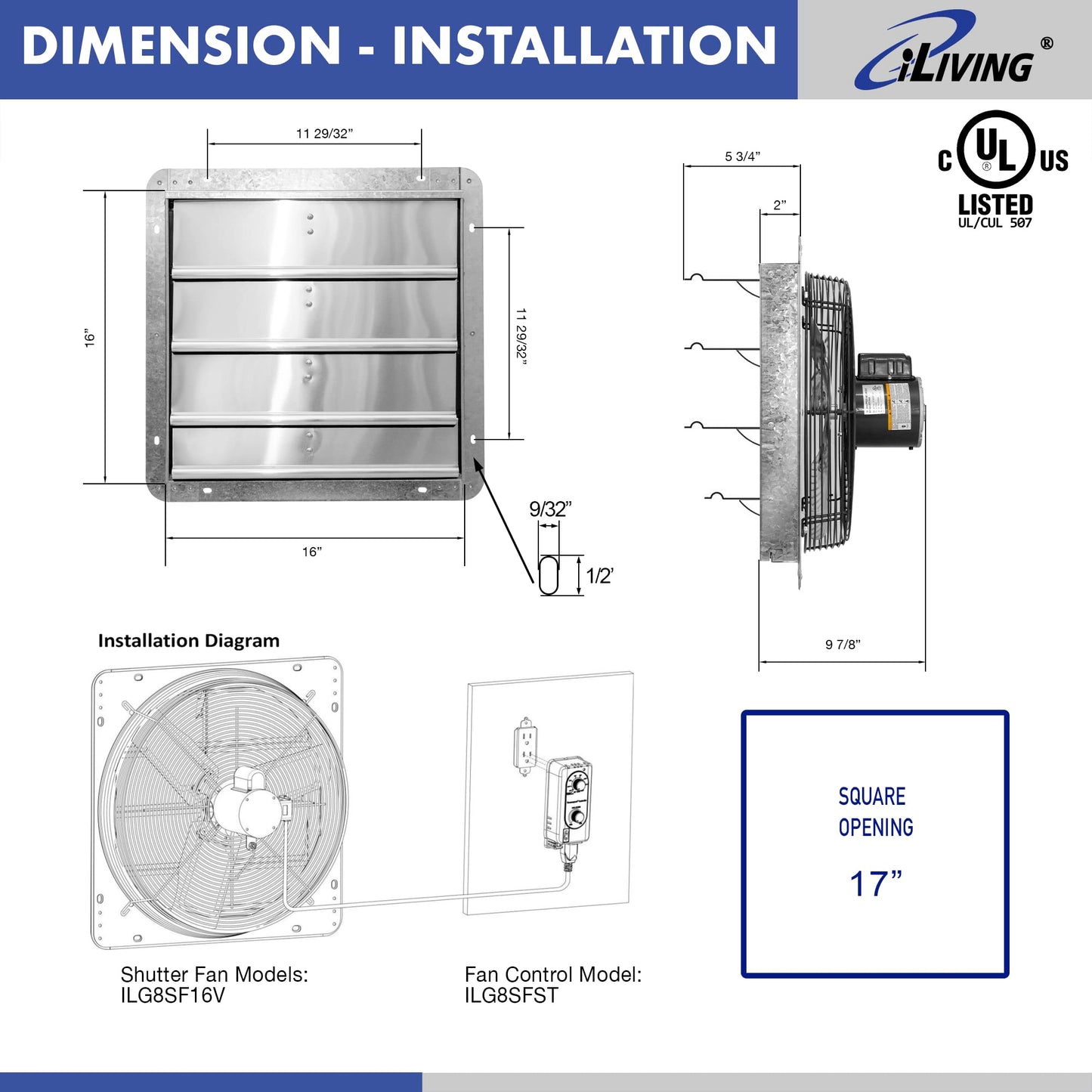 iLIVING 16" Wall Mounted Shutter Exhaust Fan, Automatic Shutter, with Thermostat and Variable Speed controller, 0.85A, 1200 CFM, 1800 SQF Coverage Area Silver (ILG8SF16V-ST)