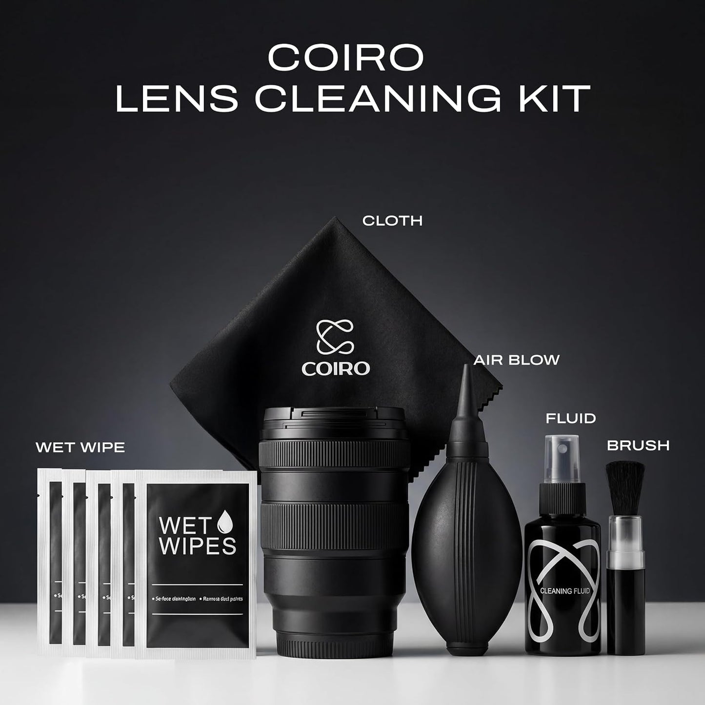 C Coiro 100ml, Coiro Camera Lens Cleaning Kit Camera Air Blower, Lens Cleaner Spray Soft Brush, Wet Wipes & Cloth DSLR