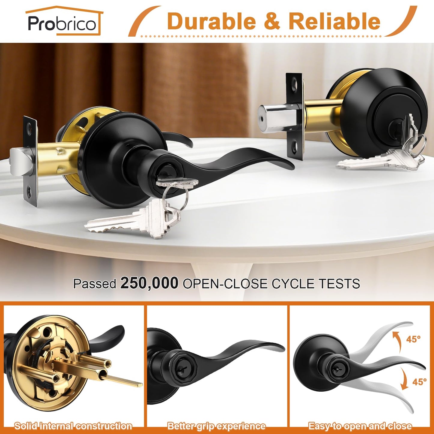 Probrico Front Door Handle and Single Cylinder Deadbolt Set, Black Exterior Door Handle with Deadbolt Lockset,Wave Reversible Door Lever Locks with Deadbolt Set, Keyed Alike 3Pack