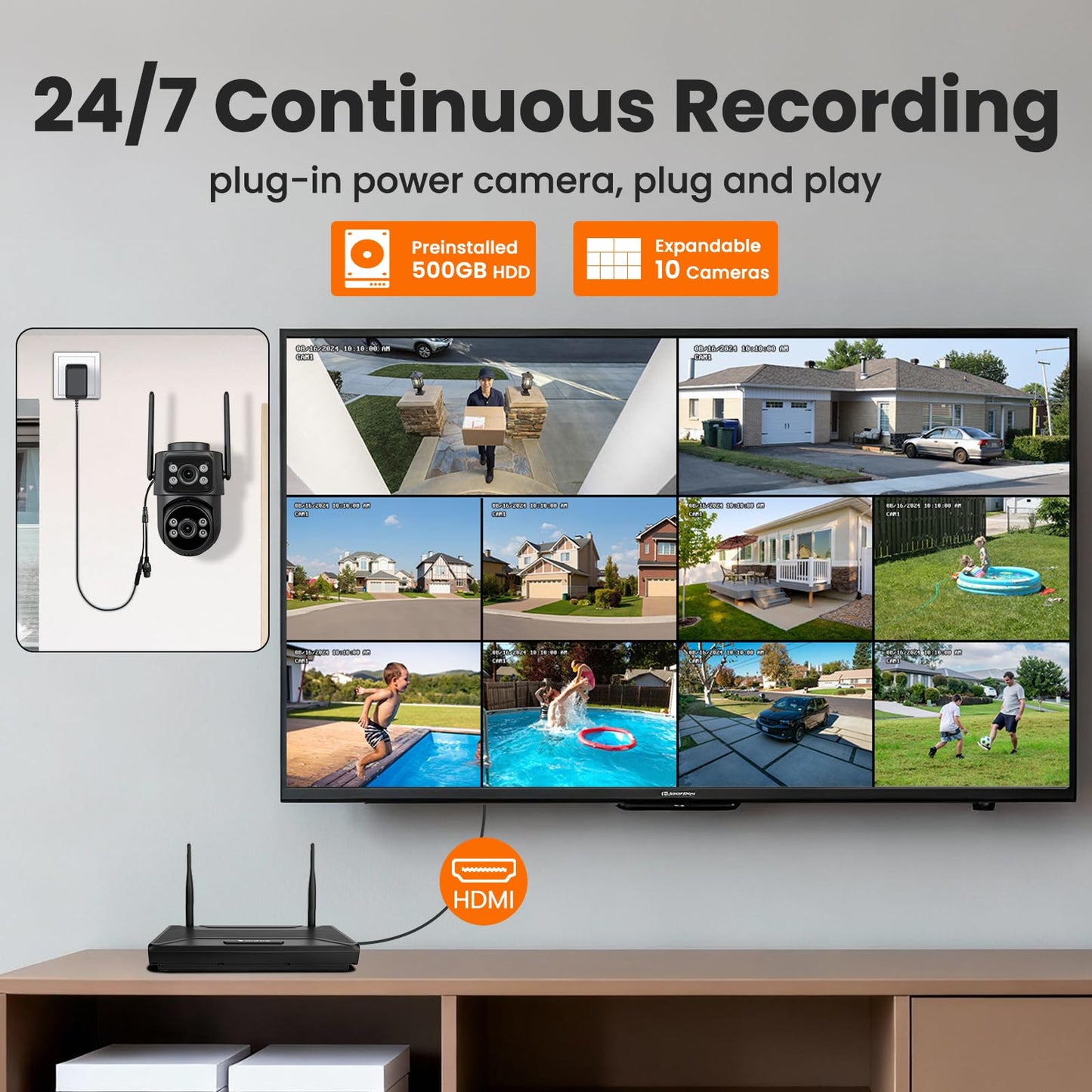 VeryFocal Dual Lens Wireless Security System, 4PCS 2-in-1 Cameras, 4K 10CH NVR, 500GB HDD, 24/7 Recording, WiFi 6 Mesh Long Range, No Subscription, AI Tracking, IP66 Waterproof for Home Office Outdoor