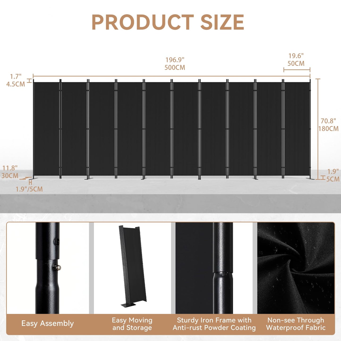 C-Hopetree 10 Panels Room Divider, 6 Ft Tall Indoor Folding Privacy Screen, Portable Partition Separator, Freestanding Separation Temporary Wall for Office, Bedroom, 197" W X 71" H, Black
