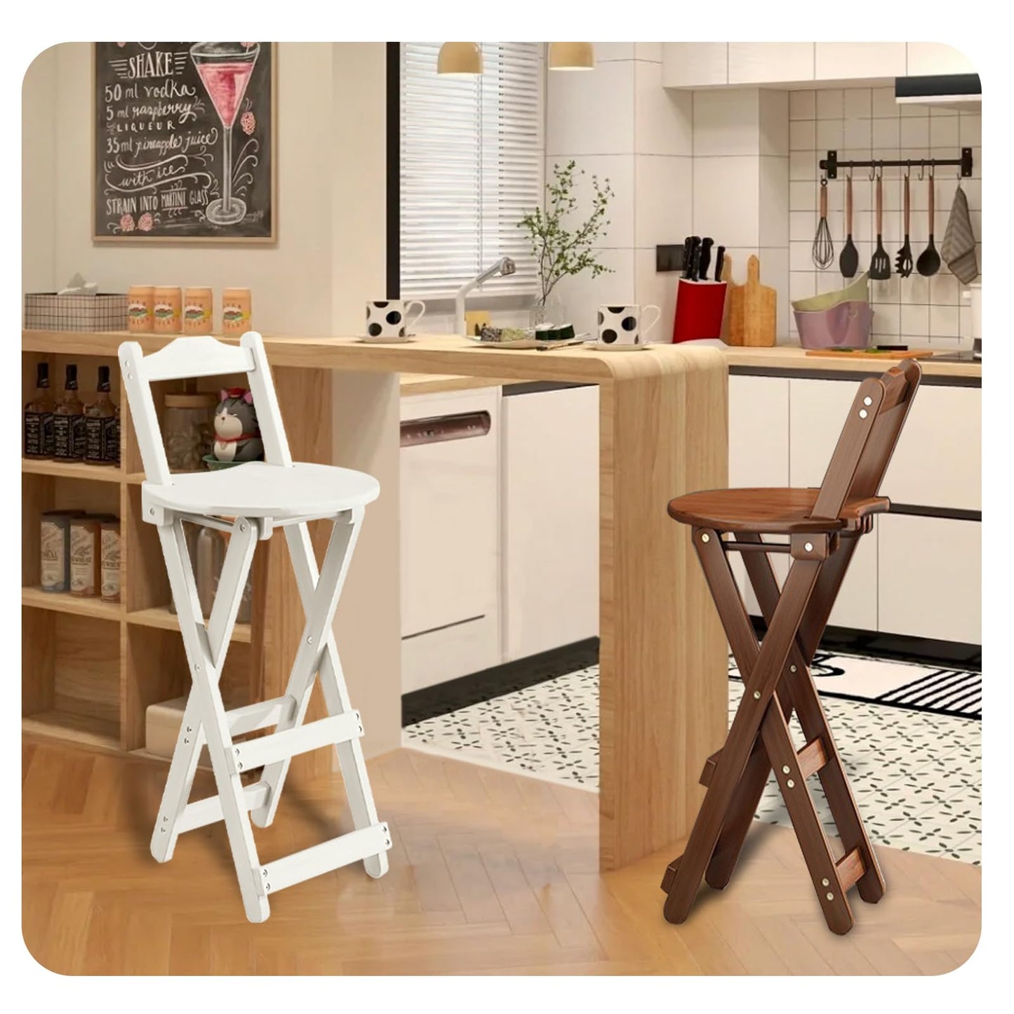 Yuxitia Folding Bar Stool Kitchen24 inch Folding Kitchen Counter Chair Portable Wooden Bar Stool Outdoor Shop Kitchen Restaurant Coffee Stool 1 (White)