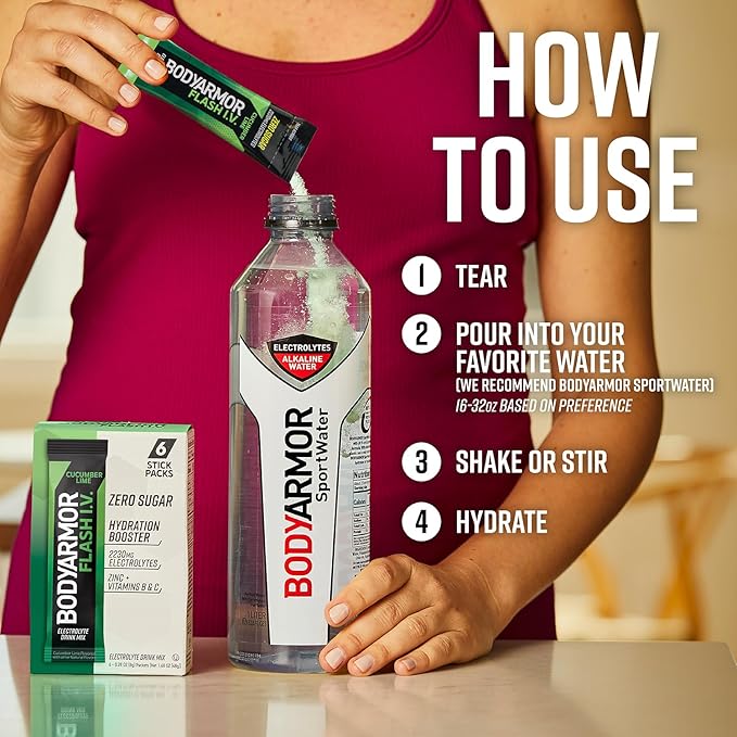 BODYARMOR Flash IV Electrolyte Packets, Cucumber Lime - Zero Sugar Drink Mix, Single Serve Packs, Coconut Water Powder (6 Count)