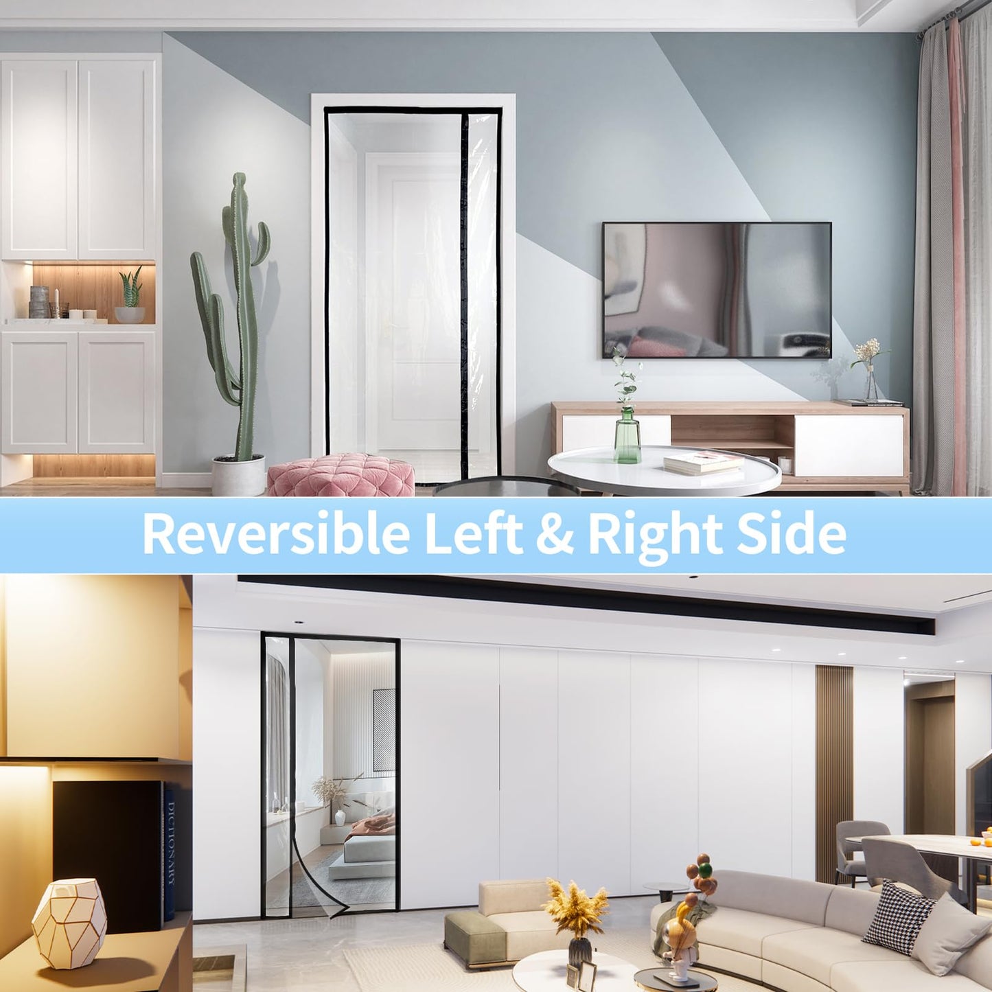Transparent Reversible Left or Right Side Opening Insulated Door Curtain, Magnetic Thermal Door Cover Self-Closing Screen Door for Kitchen, Bedroom, Air Conditioner Room, Fits Doors up to 36" x 82"