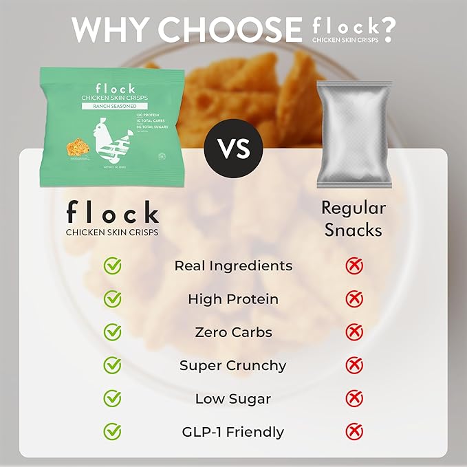 Flock Keto Chicken Skin Chips | Ranch Flavor | Low Carb, High Protein, Sugar Free, Gluten Free Fried Chicken Skins for People | (1oz) 8-Pack Crispy Flock Chips